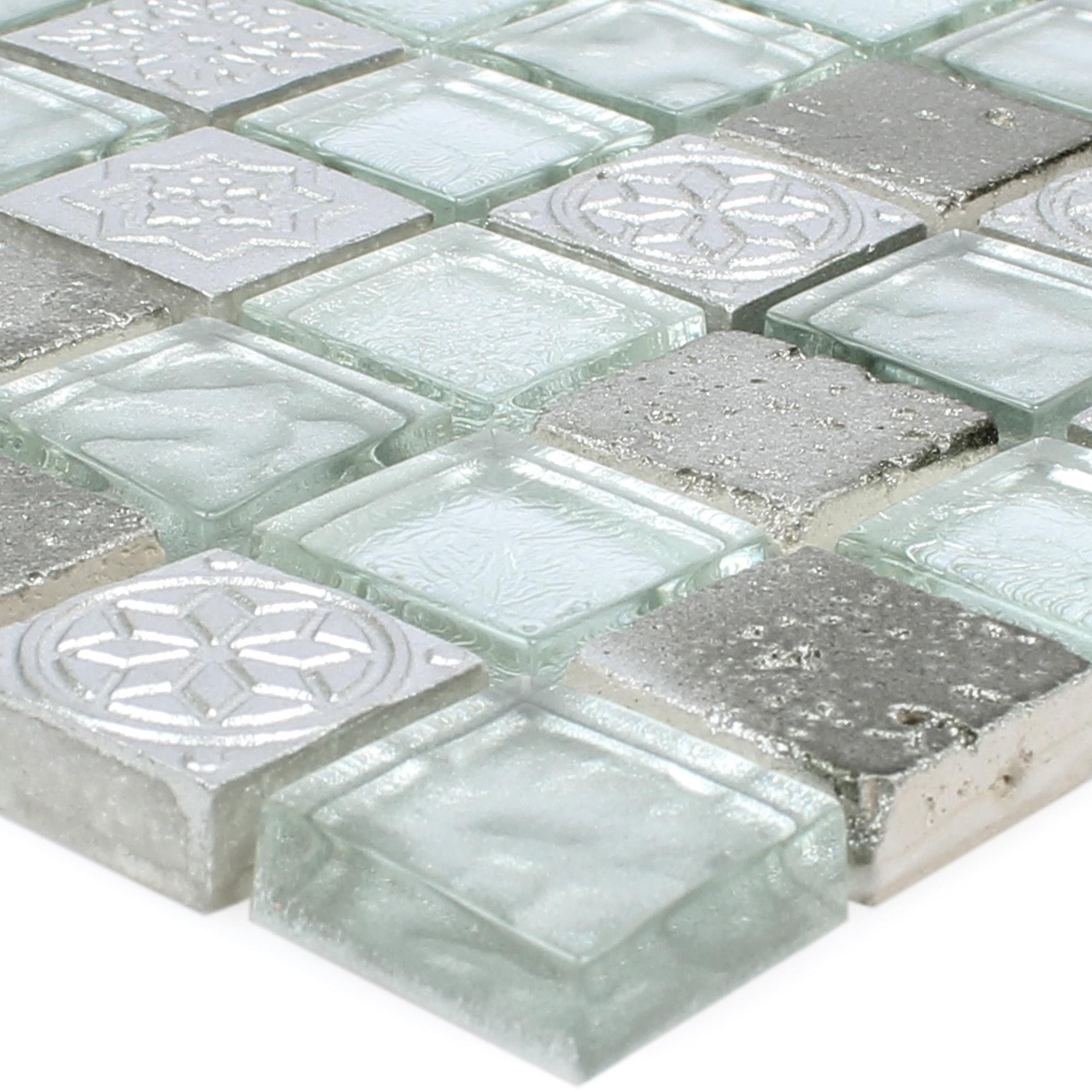 Mosafil Mosaikfliesen Mosaikfliesen Georgia Glas Naturstein Mix, Naturstein-Glas 30.000x30.000, grau-silber, Verlegefertig auf ein Netz geklebt