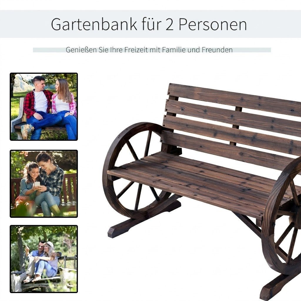 kowdom Gartenbank Gartenbank mit Wagenrad-Armlehnen, 2-Sitzer, Holz, 250 kg (Gartenbank, Einzelbank), Gartenbank, Wagenrad-Armlehnen, 2-Sitzer, 250 kg Belastbarkeit