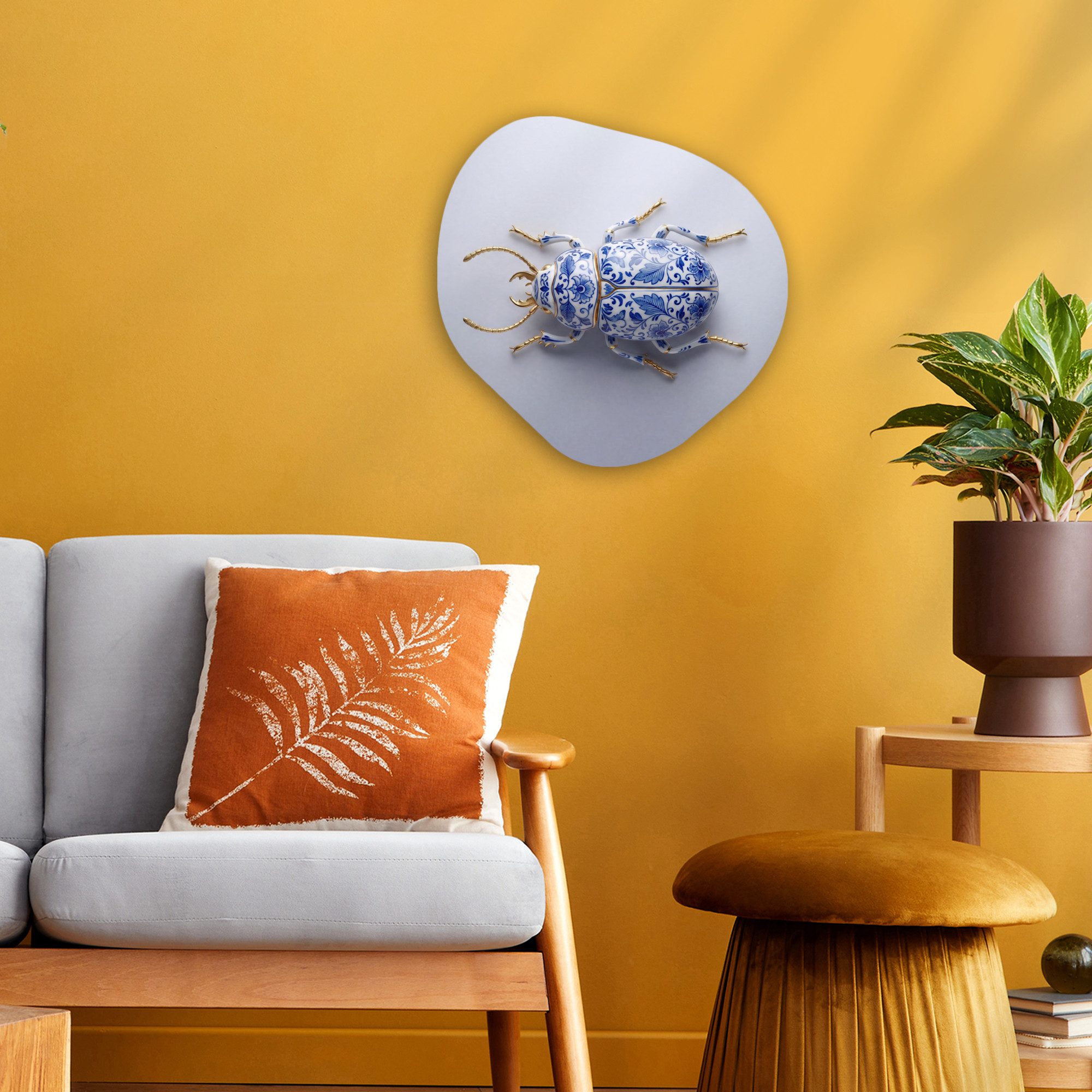 MuchoWow Gemälde Käfer - Delfts - Blau - Gold, Fotodruck (1 St), Wandbild Abstrakt, Wohnzimmer Schlafzimmer Wanddekoration, 40x40 cm