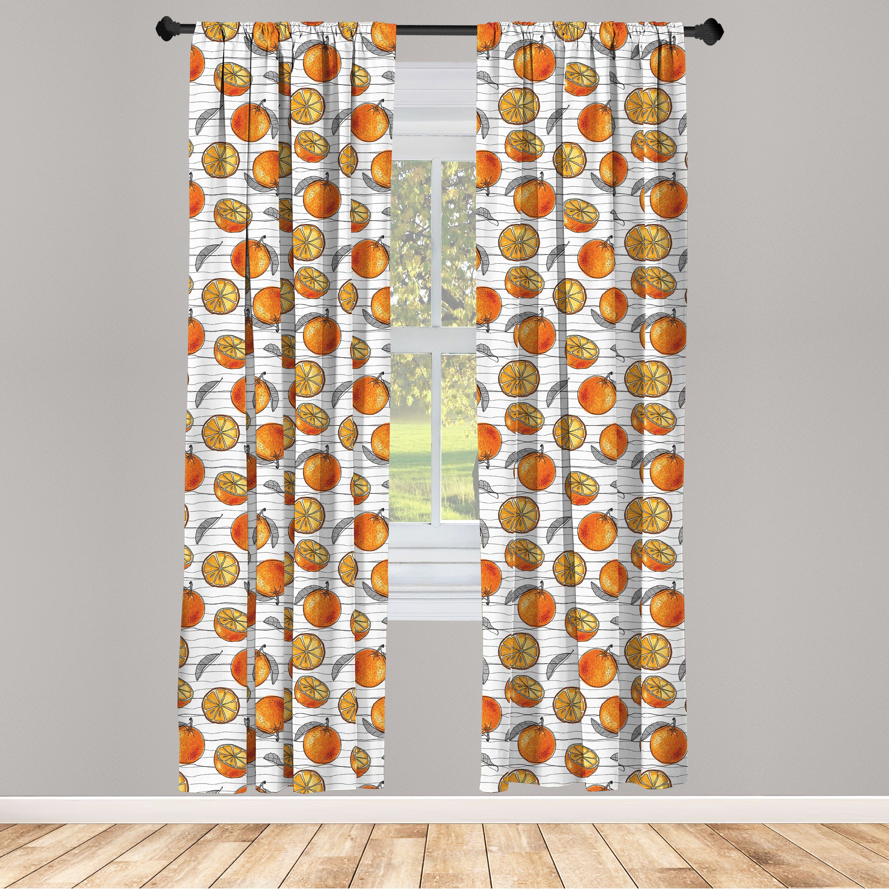 Gardine Vorhang für Wohnzimmer Schlafzimmer Dekor, Abakuhaus, Microfaser, Mandarine Sketch-Linien und Orangen
