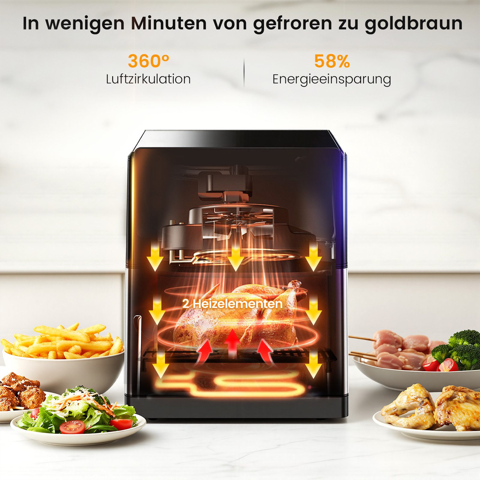 oyajia Heißluftfritteuse 10L Heißluftfritteuse aus Edelstahl, 2 Heizelementen, 12 Automatikprogramme, Sichtfenster, Touch Bedienfeld, LED Anzeige, 1800 W, Temperatur einstellbar 30 - 200 °C, 60-Minuten-Timer, silber-schwarz
