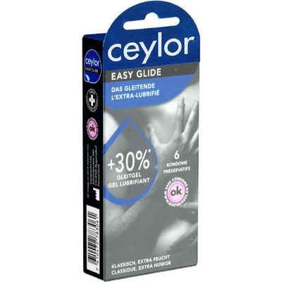 Ceylor Kondome Easy Glide (extra feuchte Kondome mit 30% mehr Gleitmittel) Packung mit, 6 St., gefühlsintensive Kondome, Premium-Qualität aus der Schweiz, im hygienischen "Dösli", einfach zu öffnen, schnelleres Überziehen