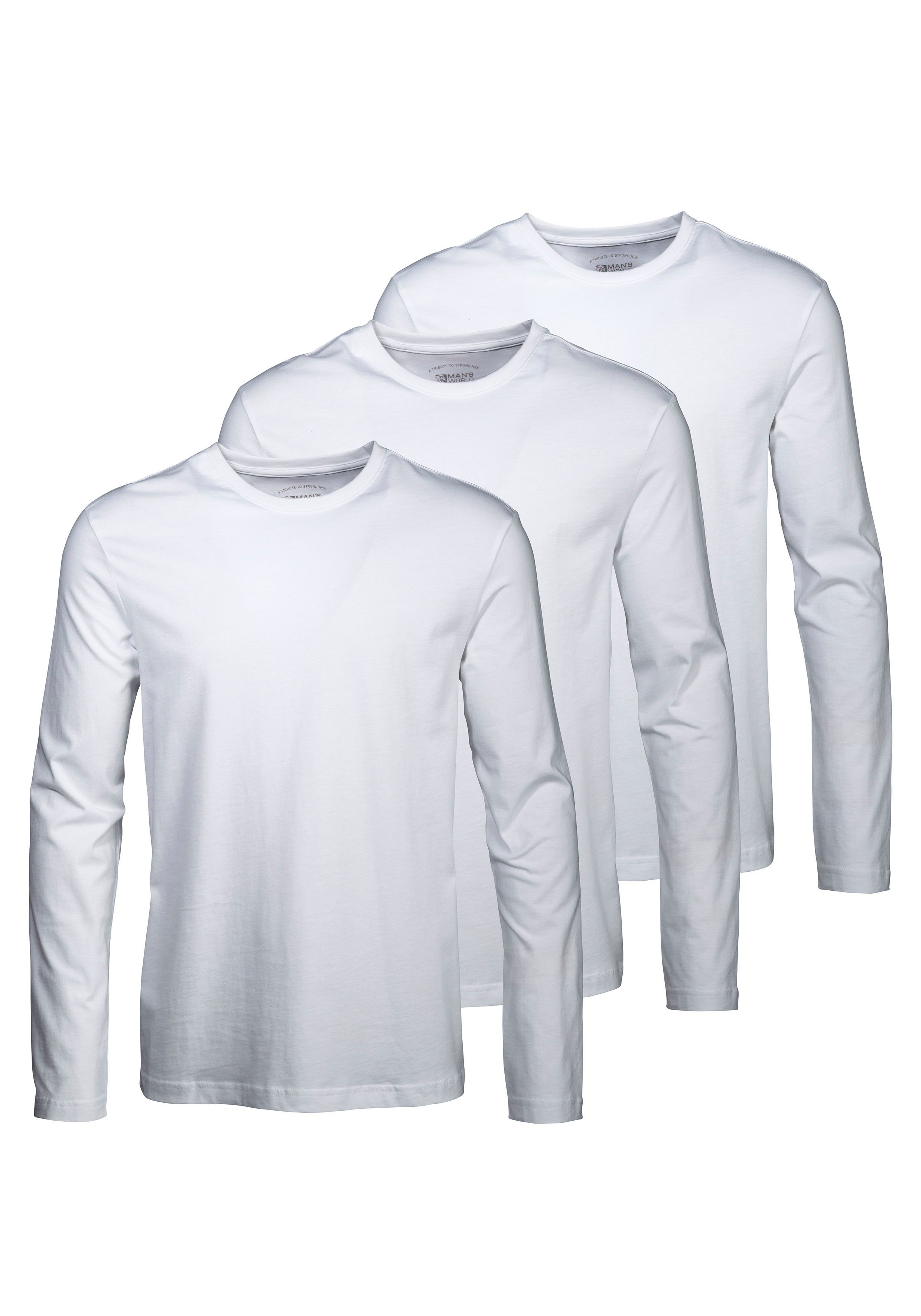Man's World Langarmshirt (Packung, 3-tlg., 3er-Pack) aus reiner Baumwolle weiß | Rundhalsshirts