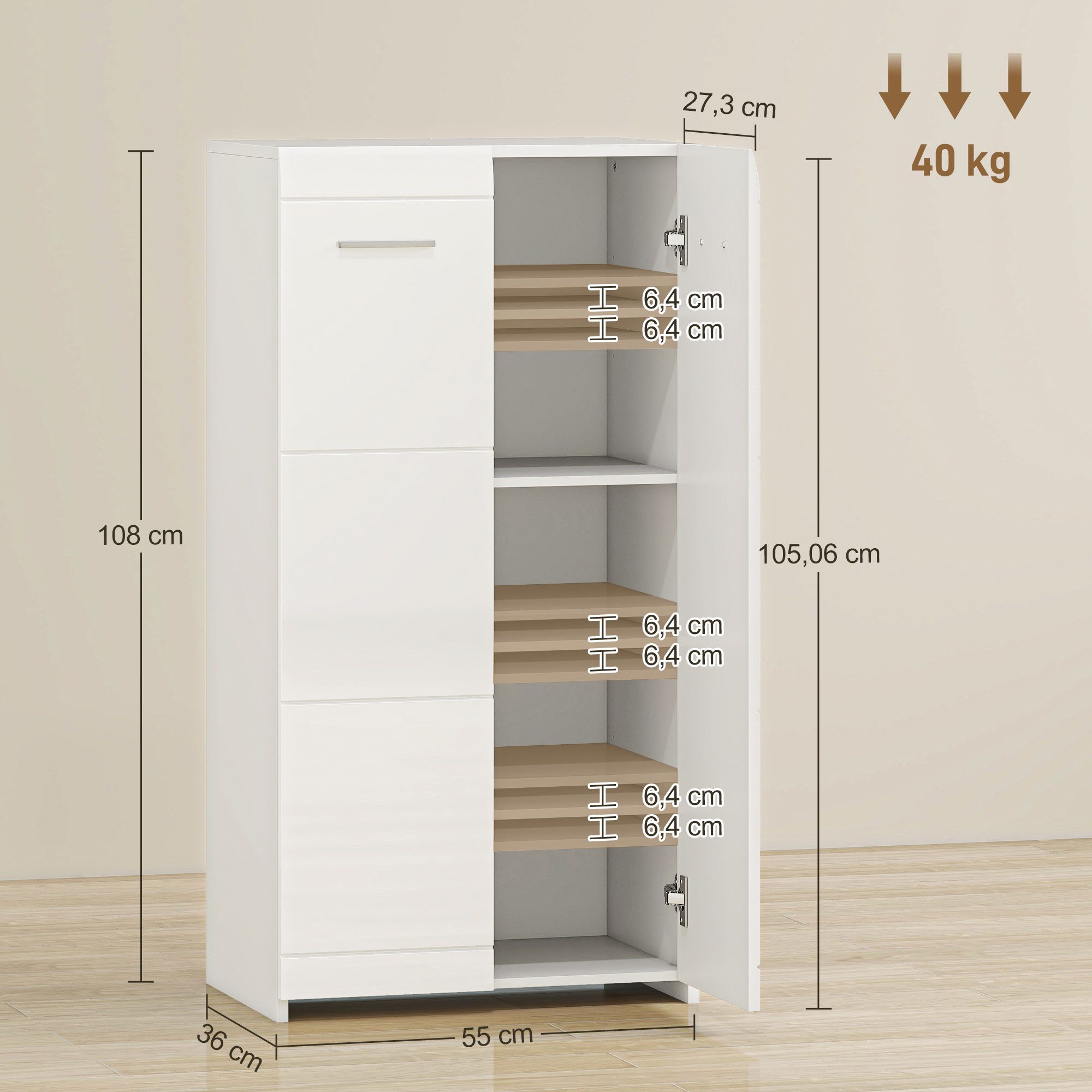 HOMCOM Schuhschrank Schuhaufbewahrung mit 2 Türen, Flurschrank, verstellbare Ablagen (Set, 1-St., 1er Set) Schuhschrank für 10 Paar Schuhe, Hochglanz Weiß