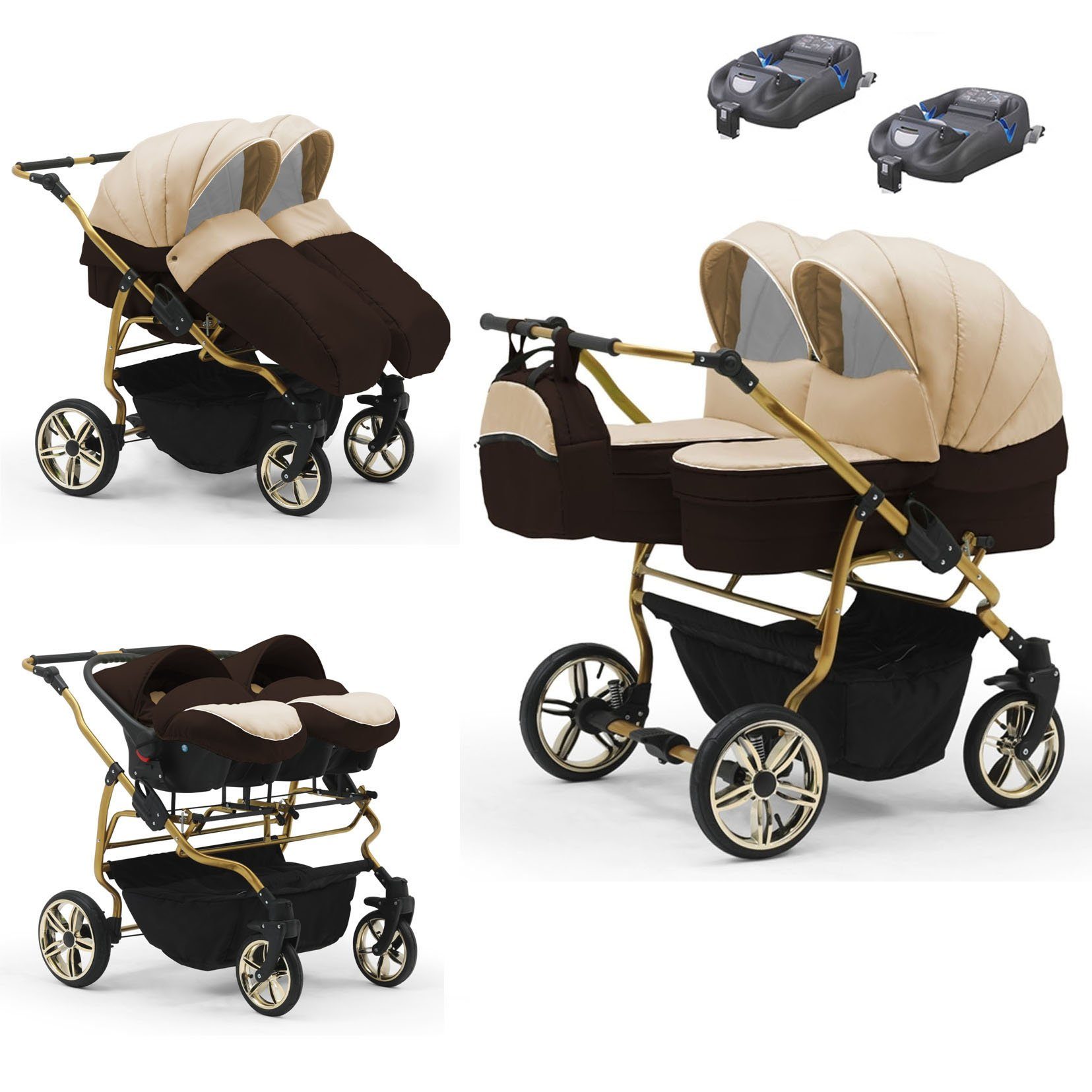 Beige-Braun-Beige-Braun Farben 1 Zwillingswagen - in Teile 15 in 33 - 4 Zwillingswagen Gold babies-on-wheels Lux Duet