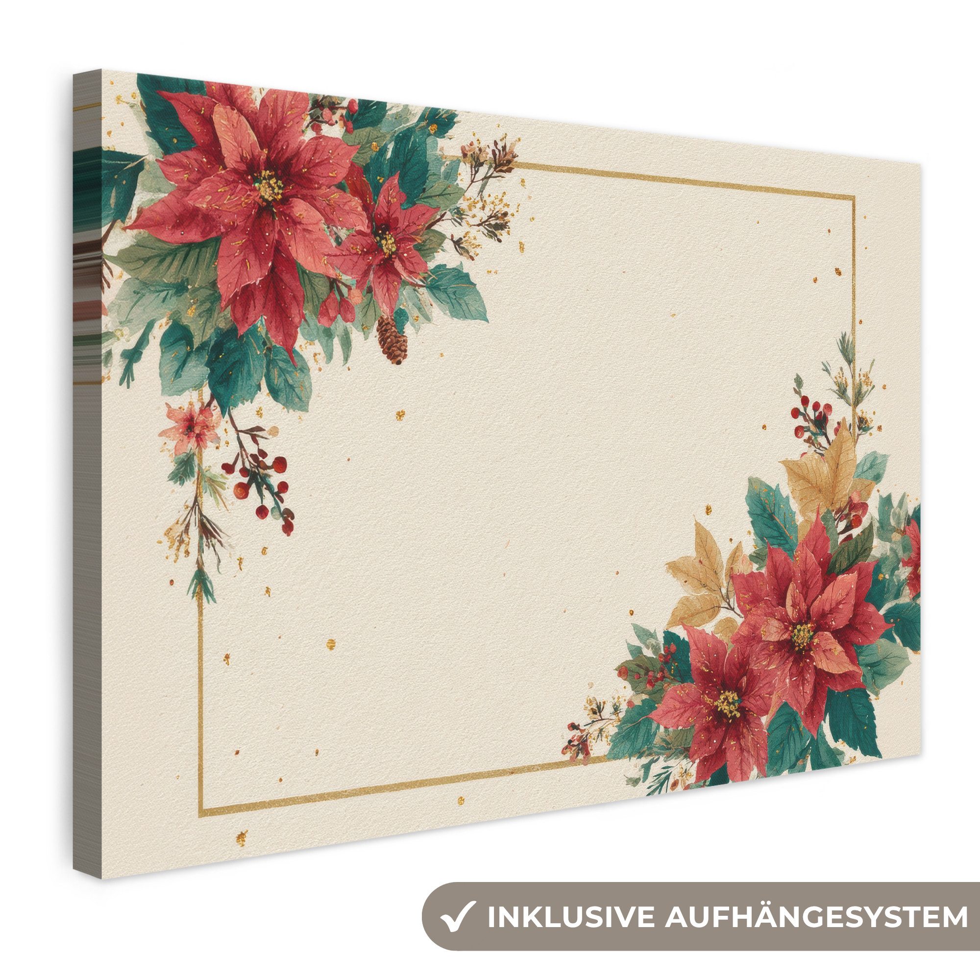 OneMillionCanvasses® Leinwandbild Weihnachten - Weihnachtsstern - Rahmen - Farbenfroh, Fotodruck (1 St), Leinwand Bilder Klein, Wand Dekoration Aesthetic 30x20 cm