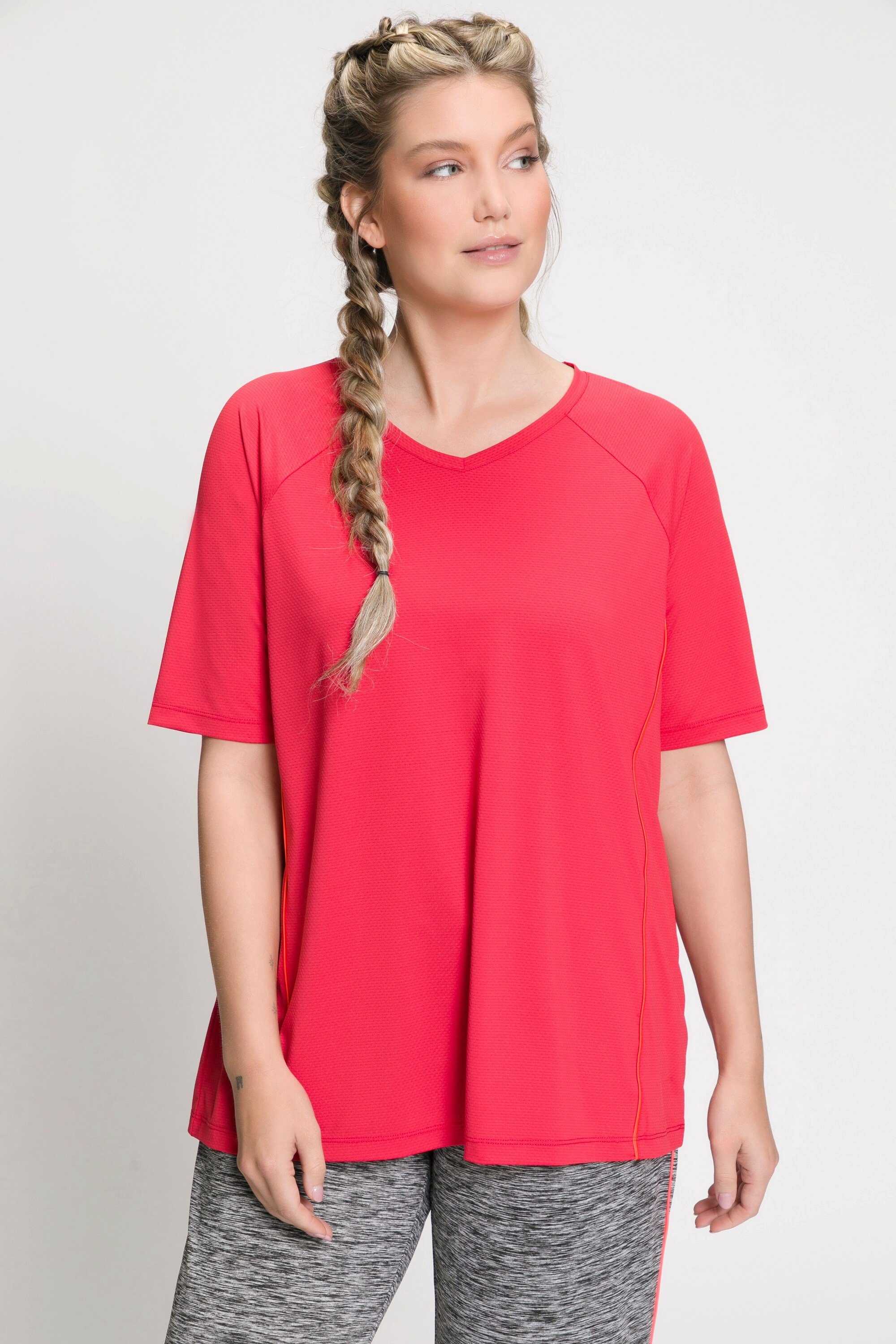 Ulla Popken Rundhalsshirt T-Shirt UV-Schutz 50+ V-Ausschnitt Halbarm rot