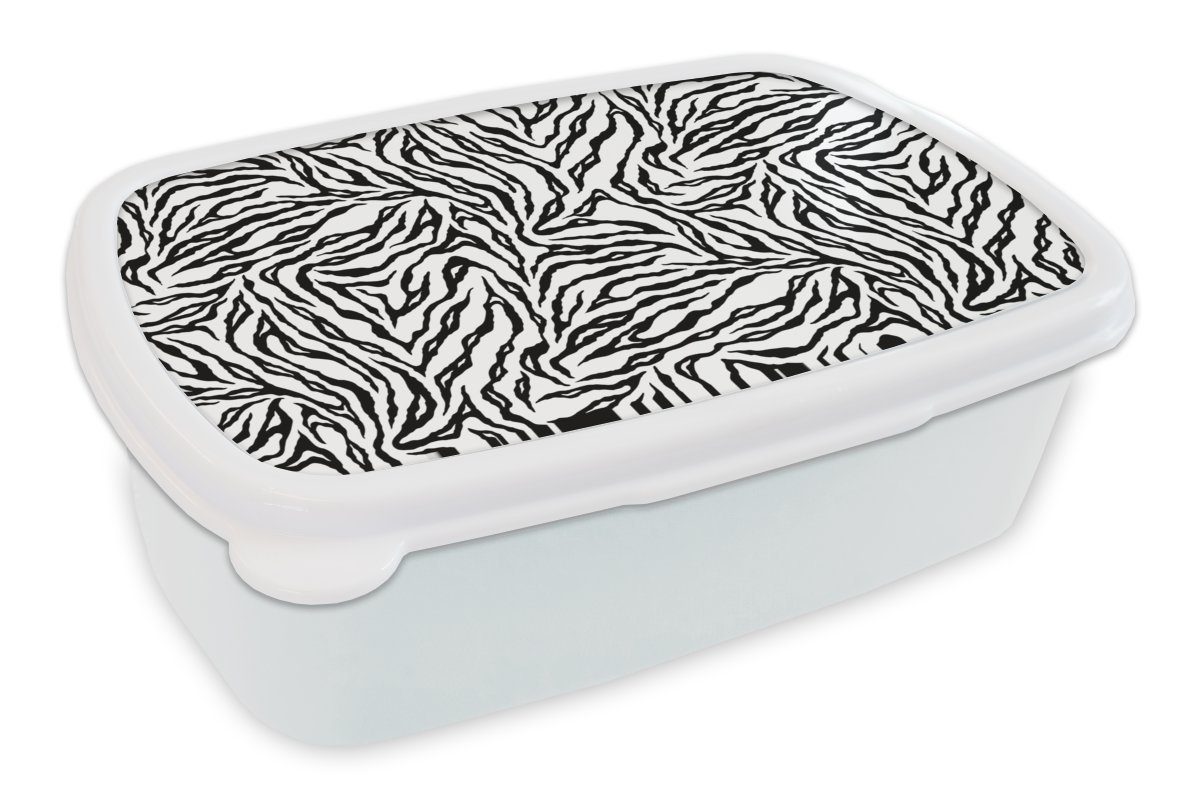 MuchoWow Lunchbox Tigerdruck - Schwarz - Weiß - Tiere - Muster, Kunststoff, (2-tlg), Brotbox für Kinder und Erwachsene, Brotdose, für Jungs und Mädchen