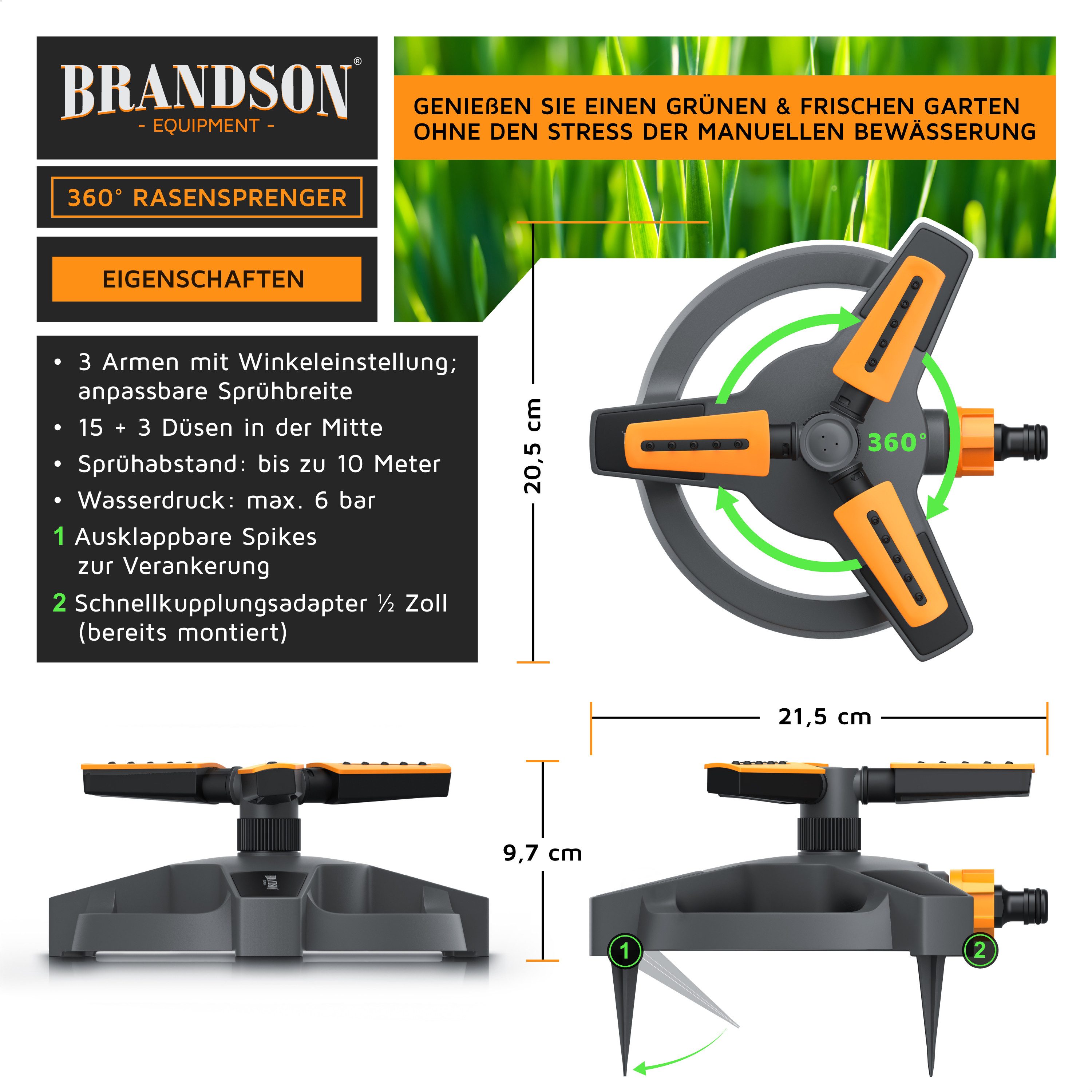 Brandson Kreisregner Garten Sprinkler, 360° Rasensprenger, 3 Arm Rasensprinkler rotierend, für Flächen bis 314 m², (1-St), 60°-90° verstellbar, 8-10 m Reichweit – Bild 2 von 5