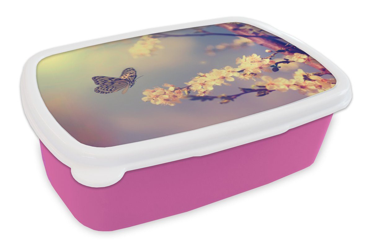 MuchoWow Lunchbox Schmetterlinge - Blüte - Zweig - Baum, Kunststoff, (2-tlg), Brotbox für Erwachsene, Brotdose Kinder, Snackbox, Mädchen, Kunststoff rosa