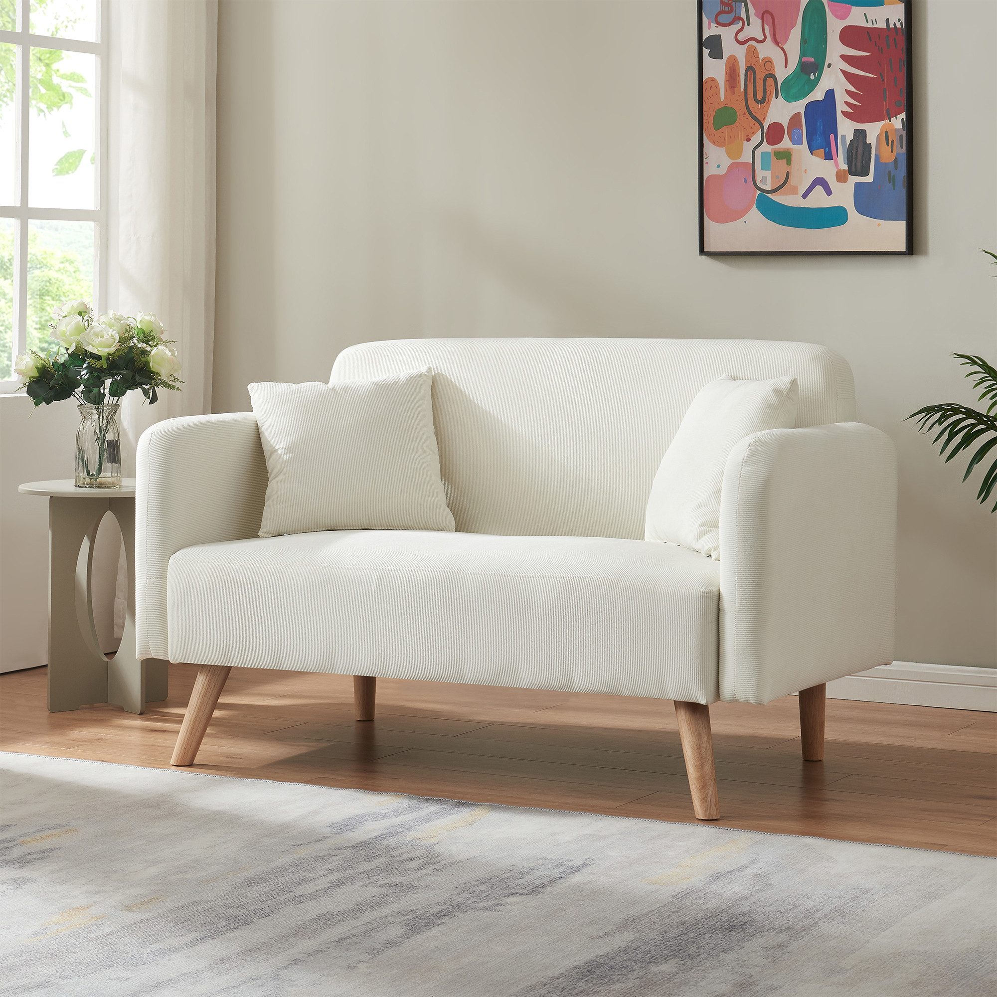 en.casa Sofa, 2-Sitzer »Midt« gepolstert Cord 132 x 70 x 81 cm Beige