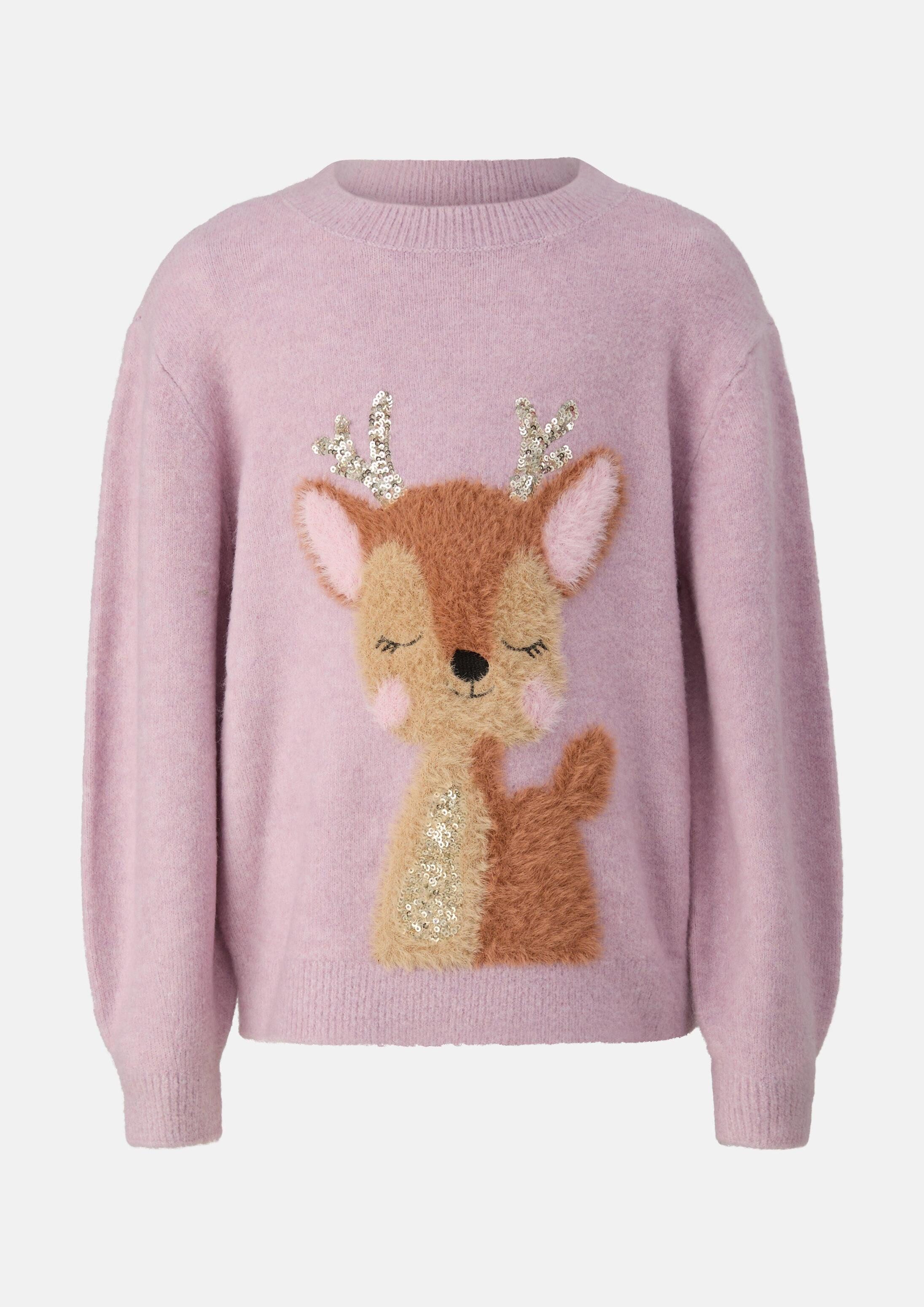 s.Oliver Longpullover Strickpullover Kuscheliger Strickpullover mit Pailletten und Rentier-Artwork