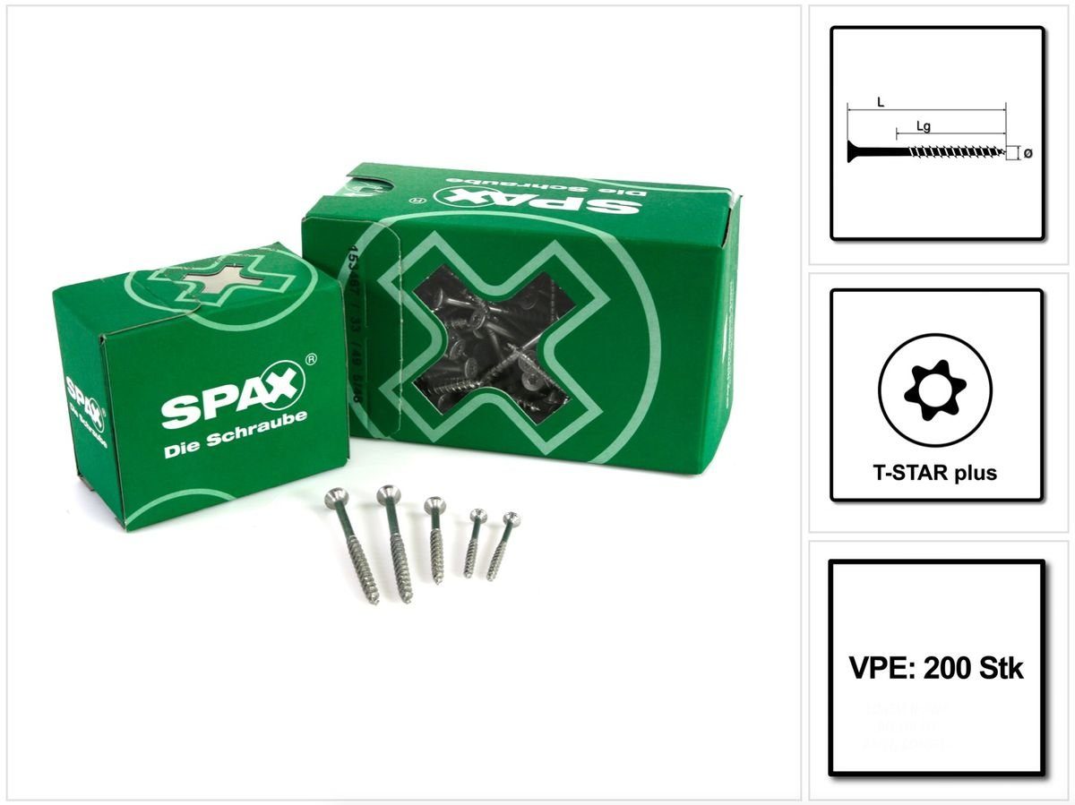 60 6,0 Senkkopf Schraube SPAX 200 0191010600605 SPAX WIROX plus Teilgewinde T-STAR 4Cut-Spitze T30 x Stk. mm TORX Universalschraube