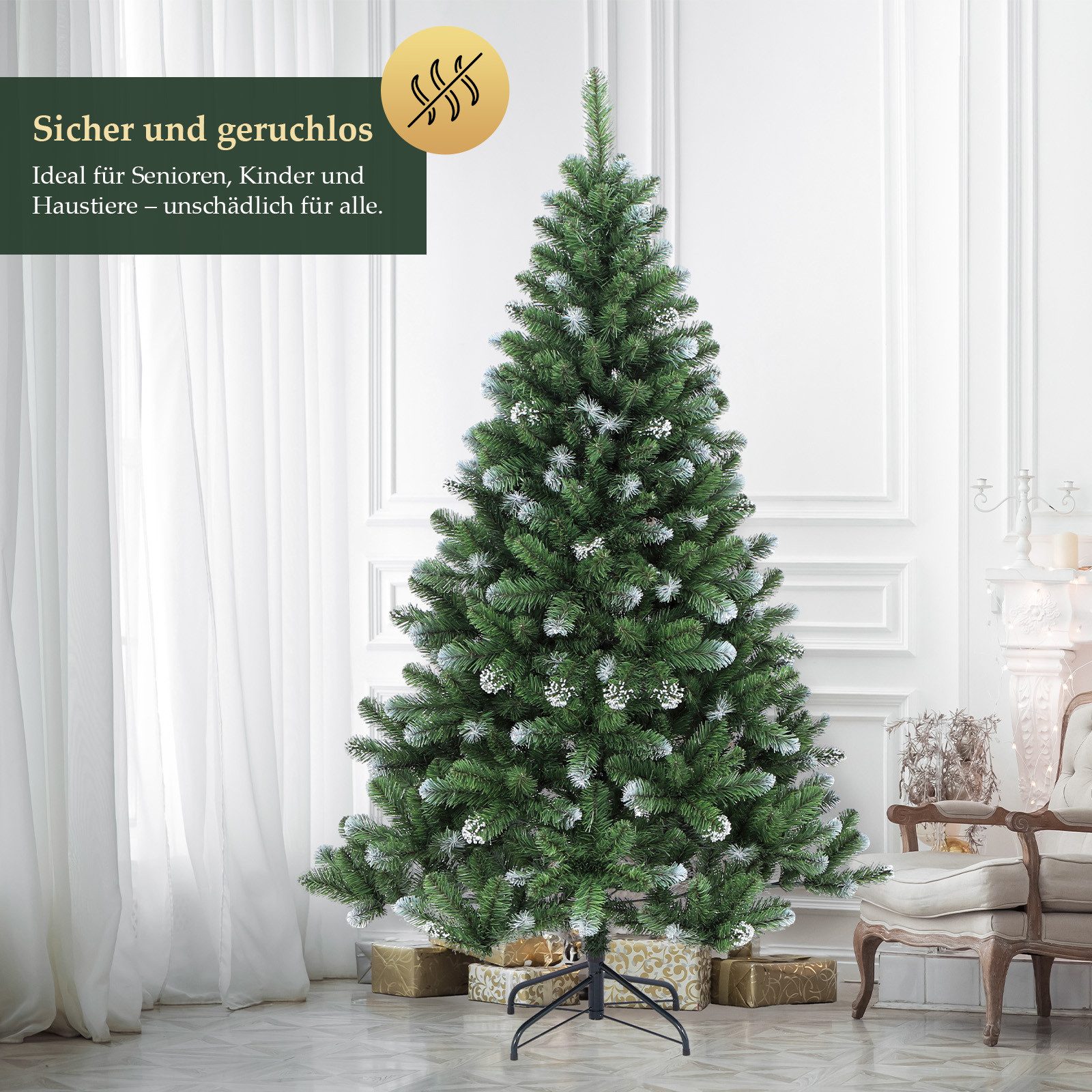 Salcar Künstlicher Weihnachtsbaum Künstlicher Tannenbaum mit Schnee 120/150/180/210 cm Christbaum, mit Automatisches Aufklappsystem, 180cm mit 539 Spitzen