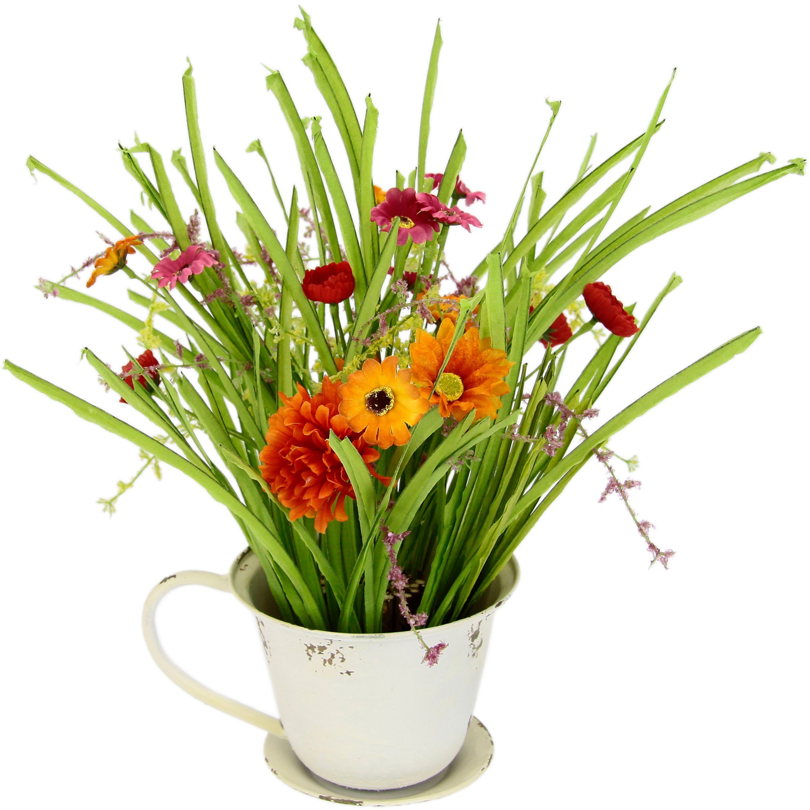 aus Metall, DELAVITA, mit Pflanztasse Blüten, im Gras, Kunstpflanze 45 Grasbusch cm, Sylke Höhe Topf