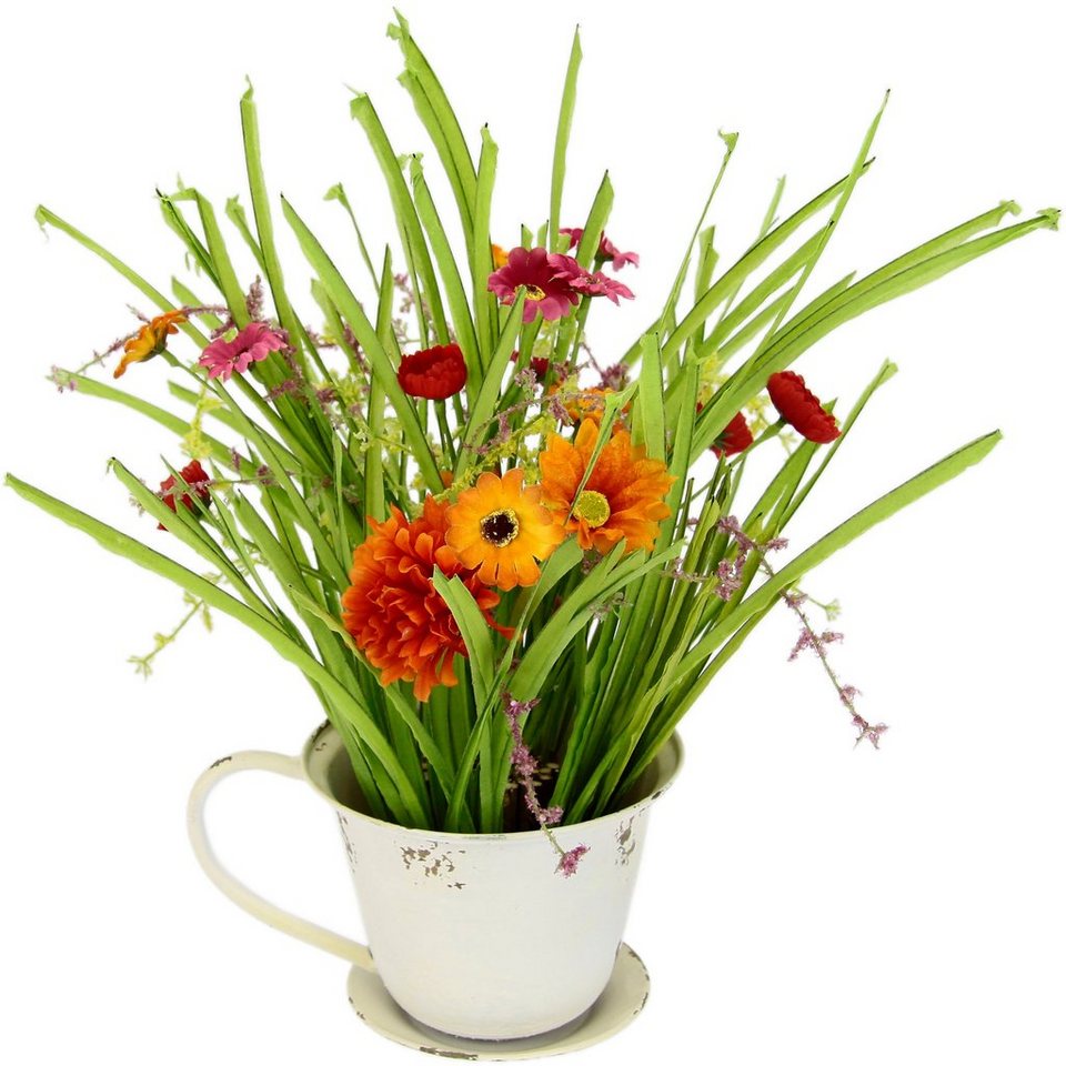 Kunstpflanze Sylke Grasbusch mit Blüten, DELAVITA, Höhe 45 cm, Pflanztasse  aus Metall, Gras, im Topf