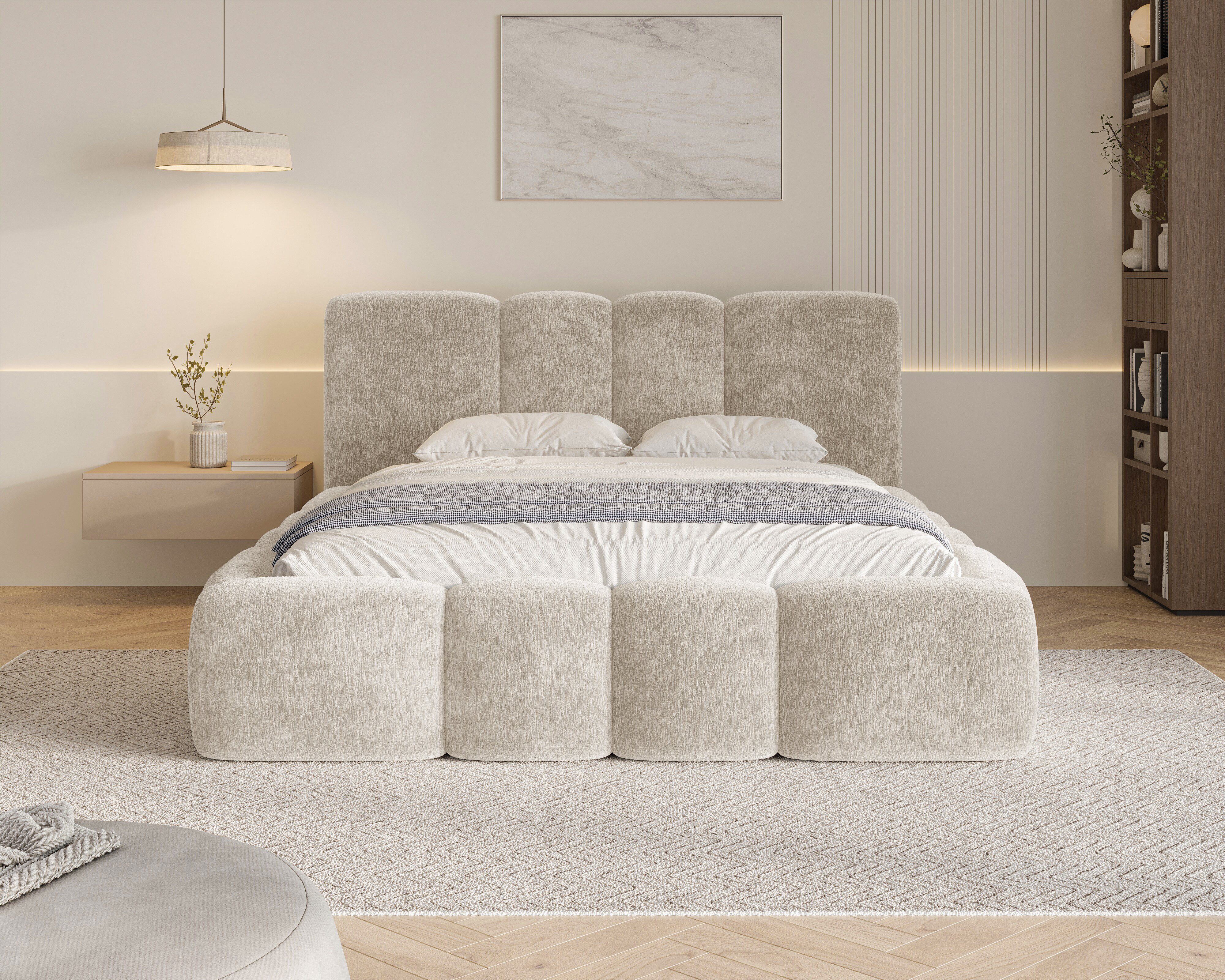 MOEBLO Polsterbett 26 Wolke (mit Stauraum und Metallrahmen und Lattenrost Wolkenbett aus Chenille Strukturstoff - 140 x 200), - (BxHxT): 168/188/208 x 100 x 230 cm