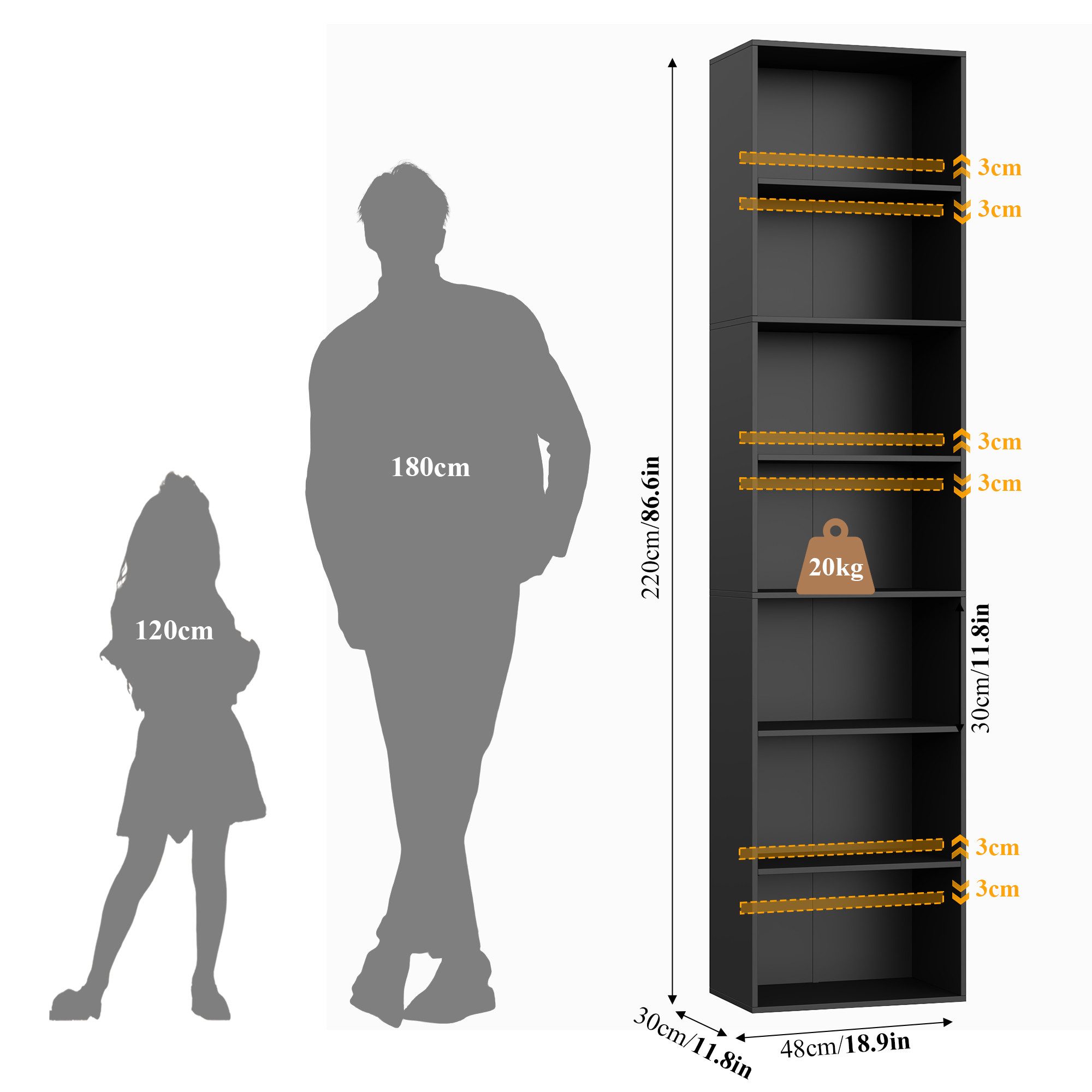 Homfa Bücherregal Regal mit 7 Fächern, 220cm Bücherschrank Standregal, verstellbare Ablagen