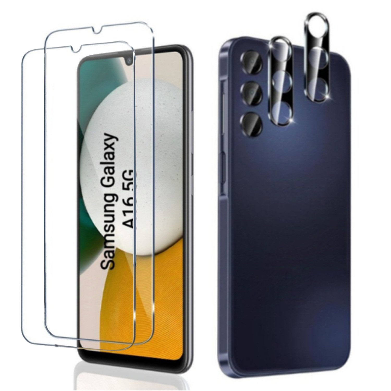 CLM-Tech Displayschutzglas 2X Schutzfolie für Samsung Galaxy A16 5G Panzerfolie 2X Kameraschutz für Samsung Galaxy A16 5G, 4er Set Kameraglas Panzerglas Displayschutz 9H Glas Folie, 4 Stück, Unterstützt Fingerabdruck-ID