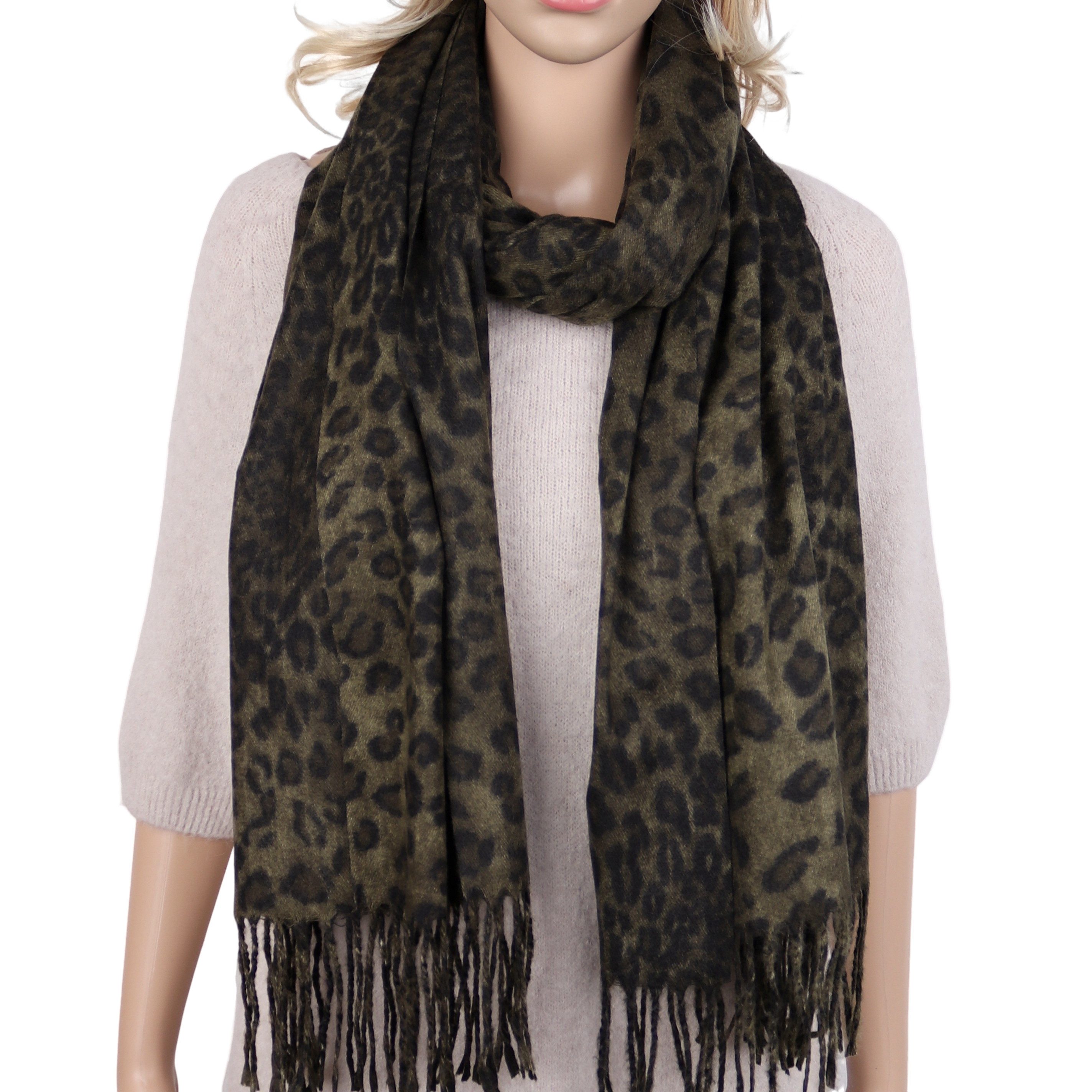 MIRROSI Modeschal Damen Winterschal 70x180 cm,weicher Schal mit Leo Muster, (Neue Kollektion Herbst/Winter 2026), 100% Viskose,Fransen & modischem Design