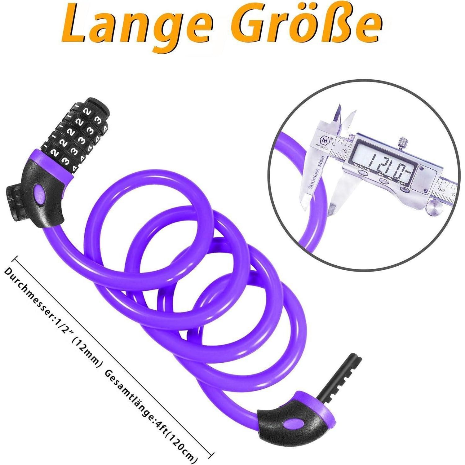 LuxusKollektion Zahlenkabelschloss Fahrradschloss Kabelschloss 120cm 12mm Zahlenschloss 5stellig Violett