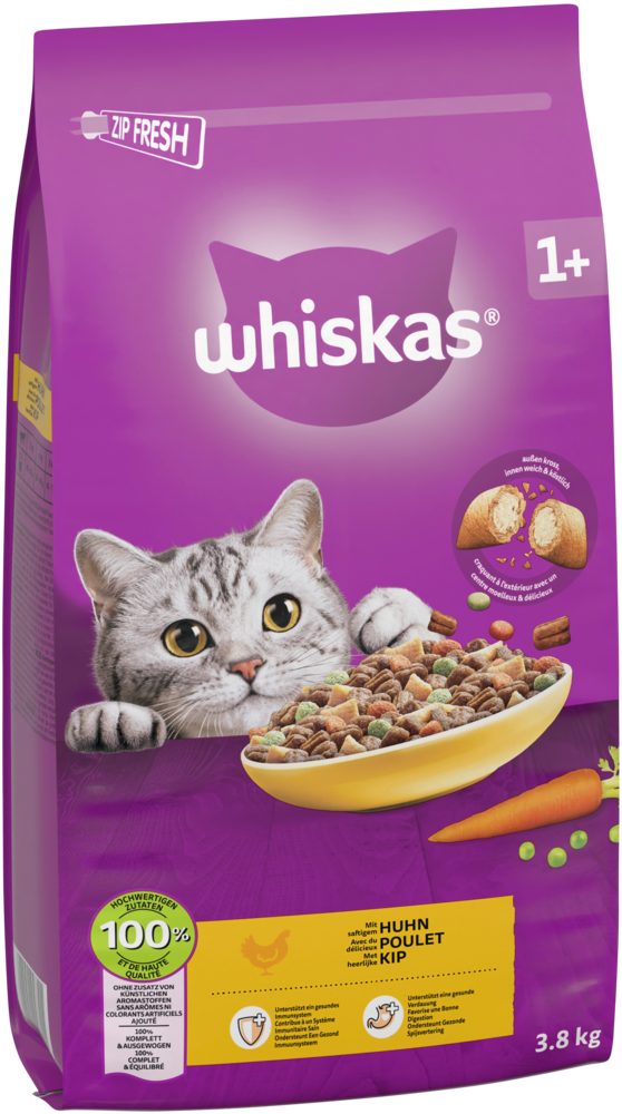Whiskas WHISKAS® Beutel Trocken Adult 1+ mit Huhn 3,8kg, Trockenfutter für: Katze