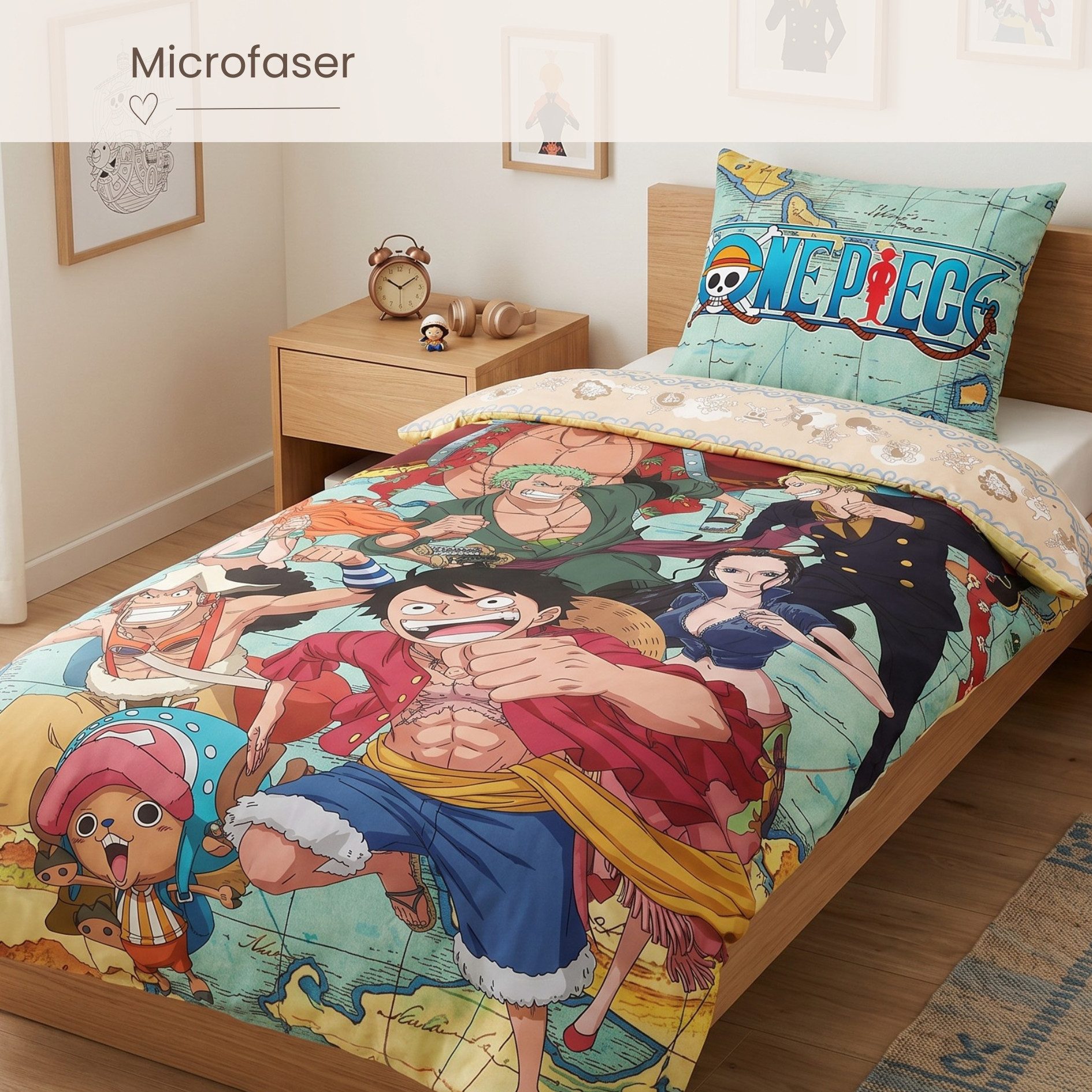MTOnlinehandel Bettwäsche One Piece Anime 135x200+80x80 cm Ruffy und seine Piratencrew, Microfaser, 2 teilig, Manga, Monkey D. Ruffy, Sanji, Nico Robin, Nami, Tony Tony Chopper