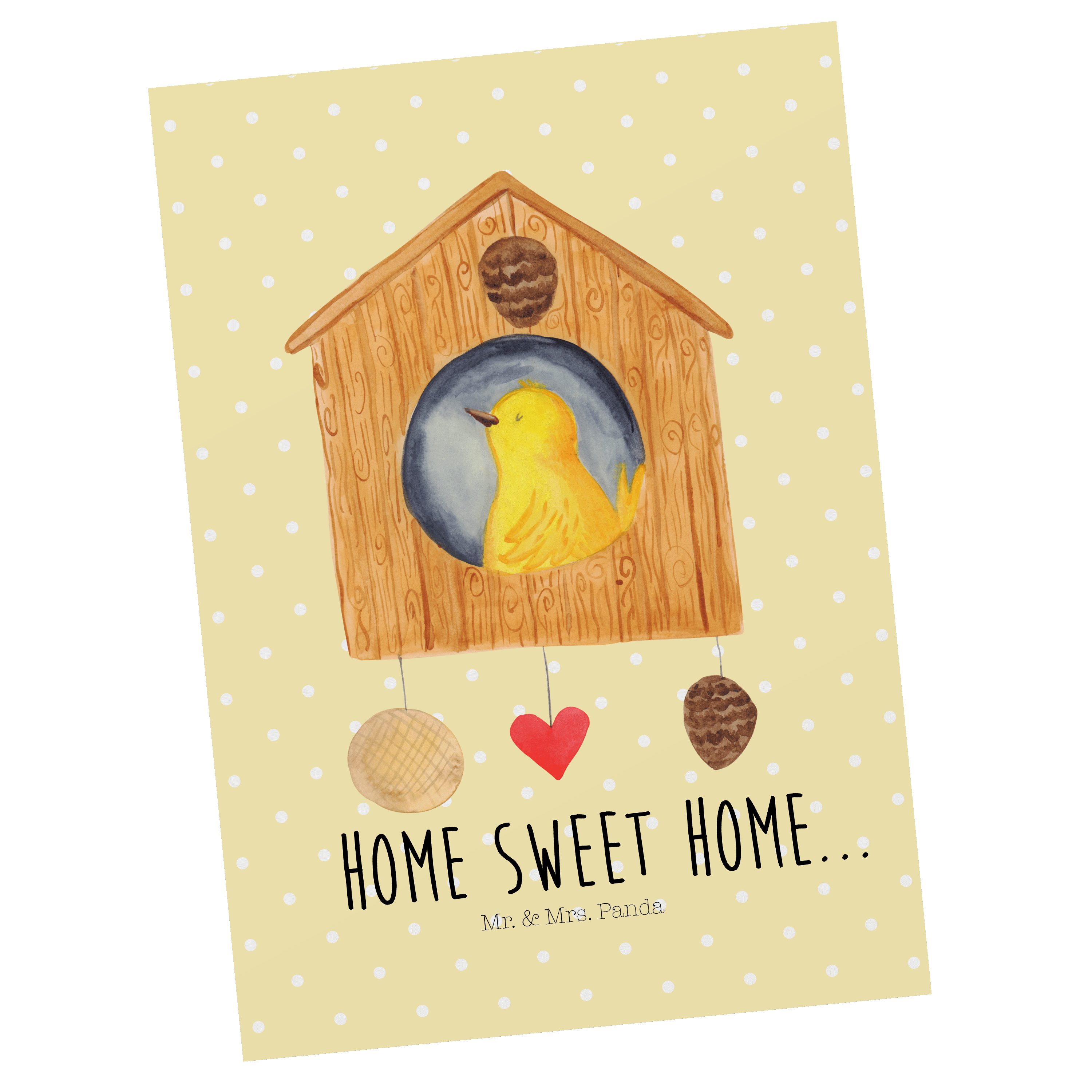 Mr. & Mrs. Panda Postkarte Vogelhaus Home, Postkarte, Gelb Pastell, Ansichtskarte, Vogel, bildka, Geschenk Postkarten Ansichtskarten