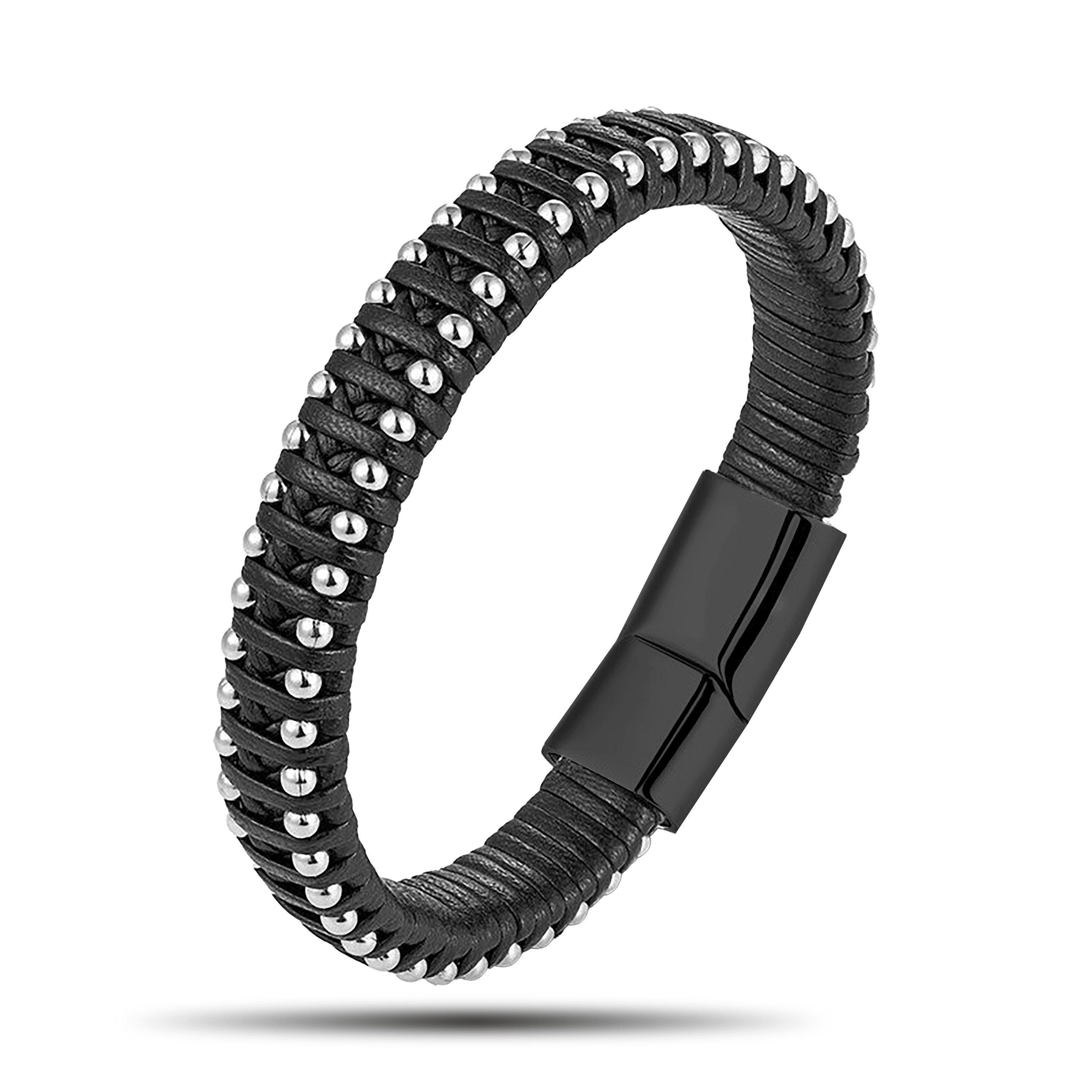 Magnetverschluss Herren verschließen (inkl. Lederarmband mit Lederarmband aus NAHLE für Echtleder, Schwarz-Silber Armband sicheres Schmuckbox), ein