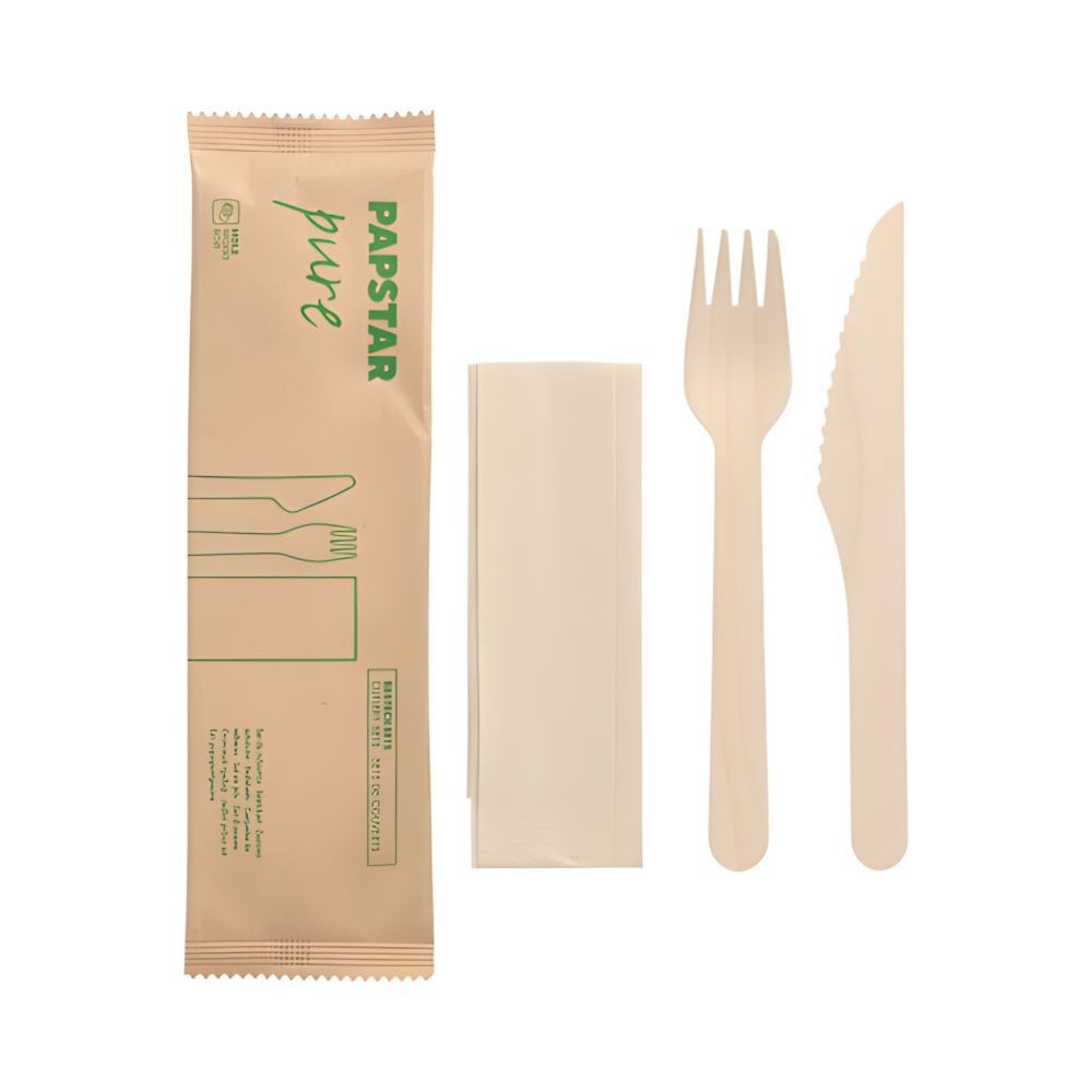 PAPSTAR Einwegmesser 50 x Besteckset, Holz pure : Messer, Gabel, Serviette in Papierbeutel