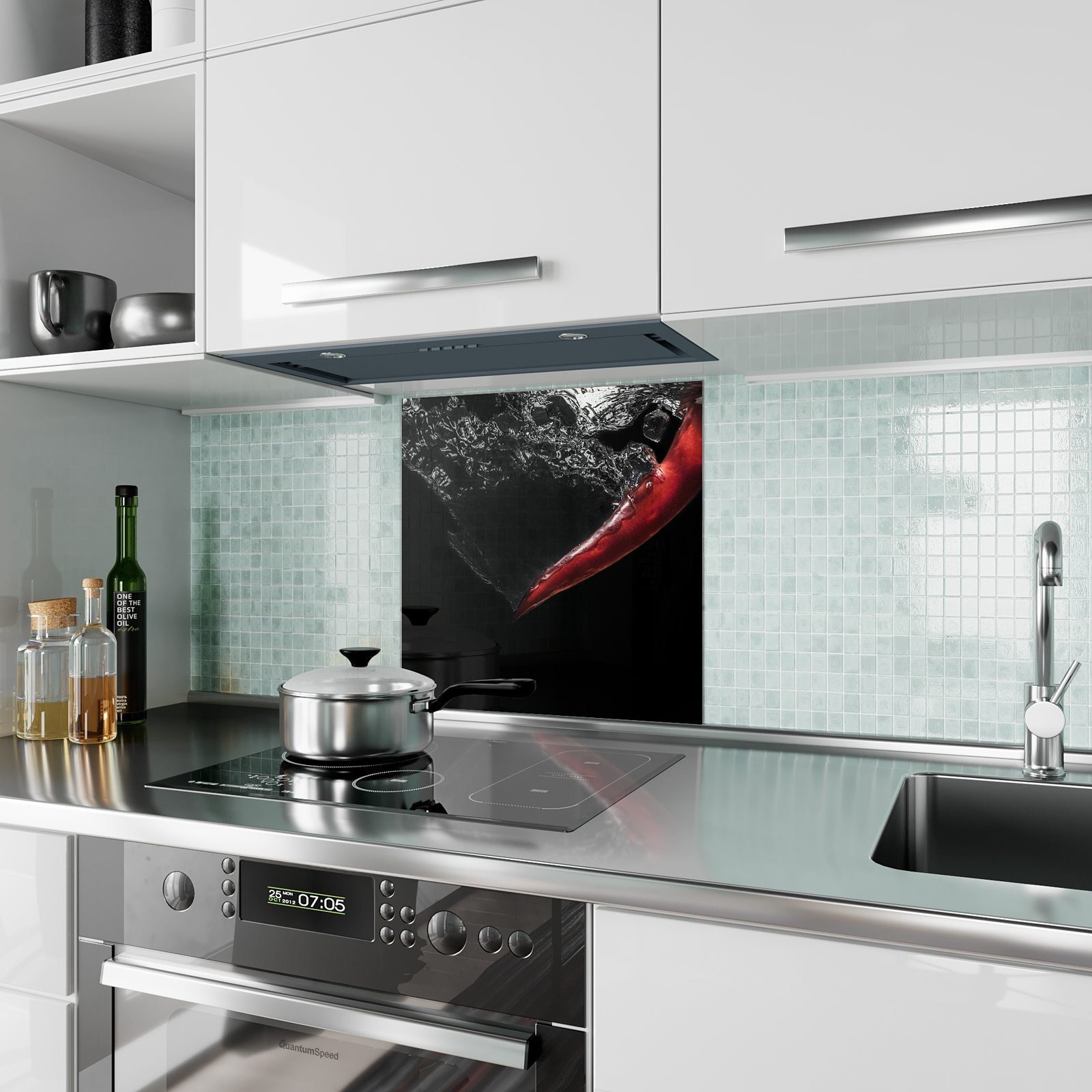 Motiv Küchenrückwand Wasser mit Primedeco Glas Chilischote Spritzschutz im Küchenrückwand