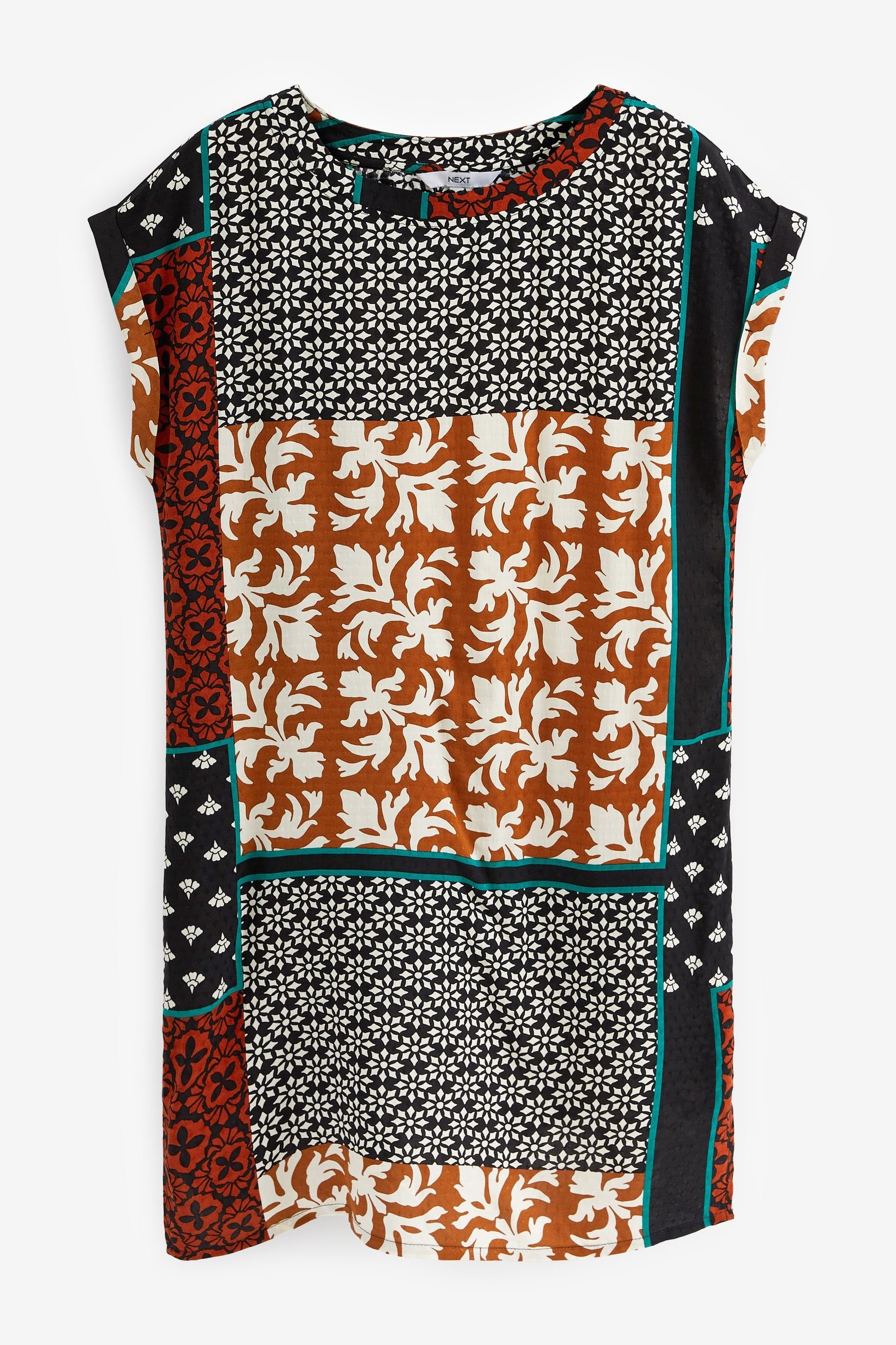 Next Minikleid Kurzärmeliges T-Shirt-Kleid in Minilänge (1-tlg) Rust Brown Scarf Print | Kleider