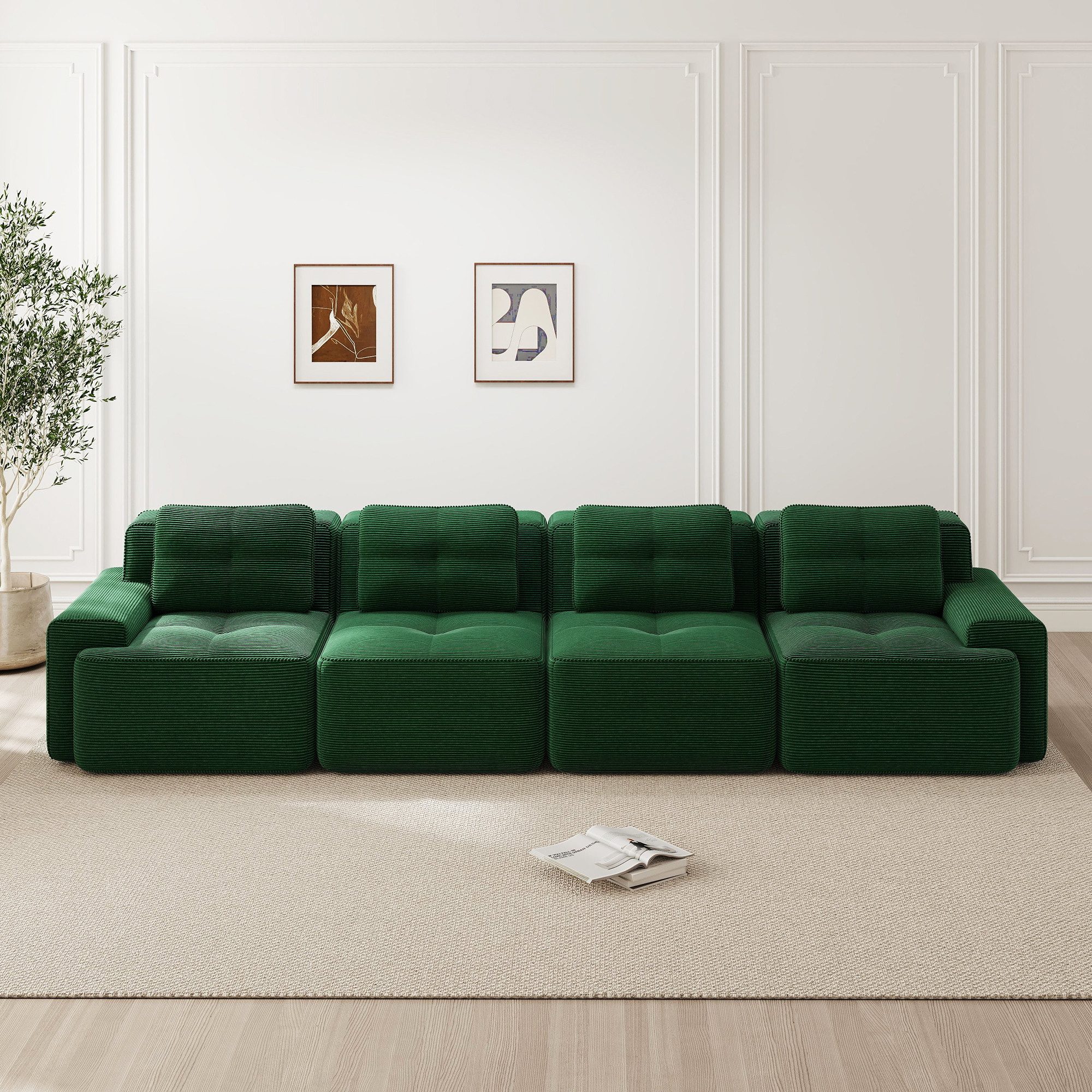 HAUSS SPOLE Loungesofa mit Tiefem Sitz,4-Sitzer Cord-Relaxsofa mit rutschfeste Basis,Grün