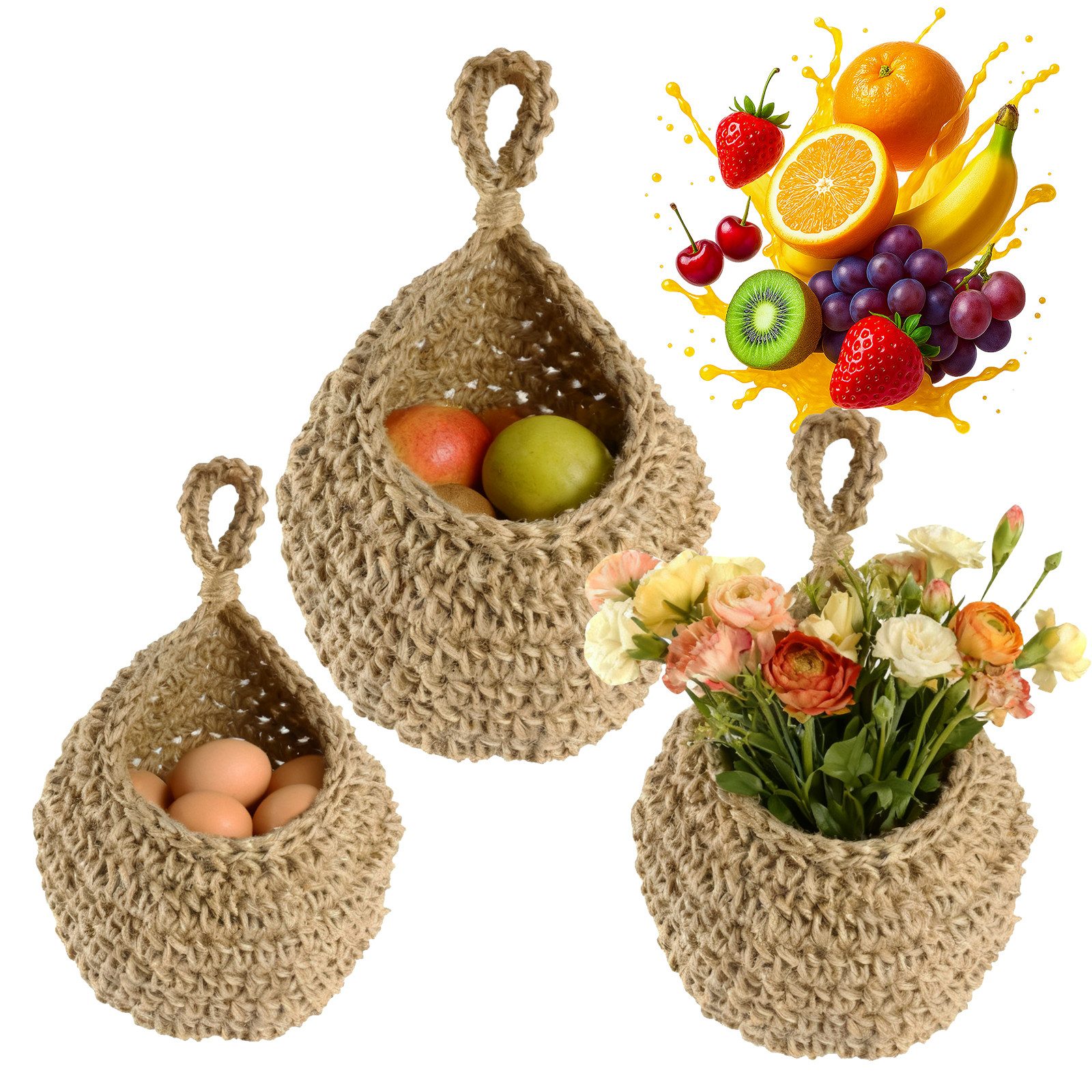 BlingBin Hängekorb Obstkorb Hängend Geflochten, 3 Stück Handgewebt Wandkorb (3er Set, 3 St., Extra groß: 33 × 27 cm; Groß: 28 × 21 cm; Mittel: 25 × 20 cm), Aufbewahrungskorb für Küche Deko, Wohnzimmer, Schlafzimmer