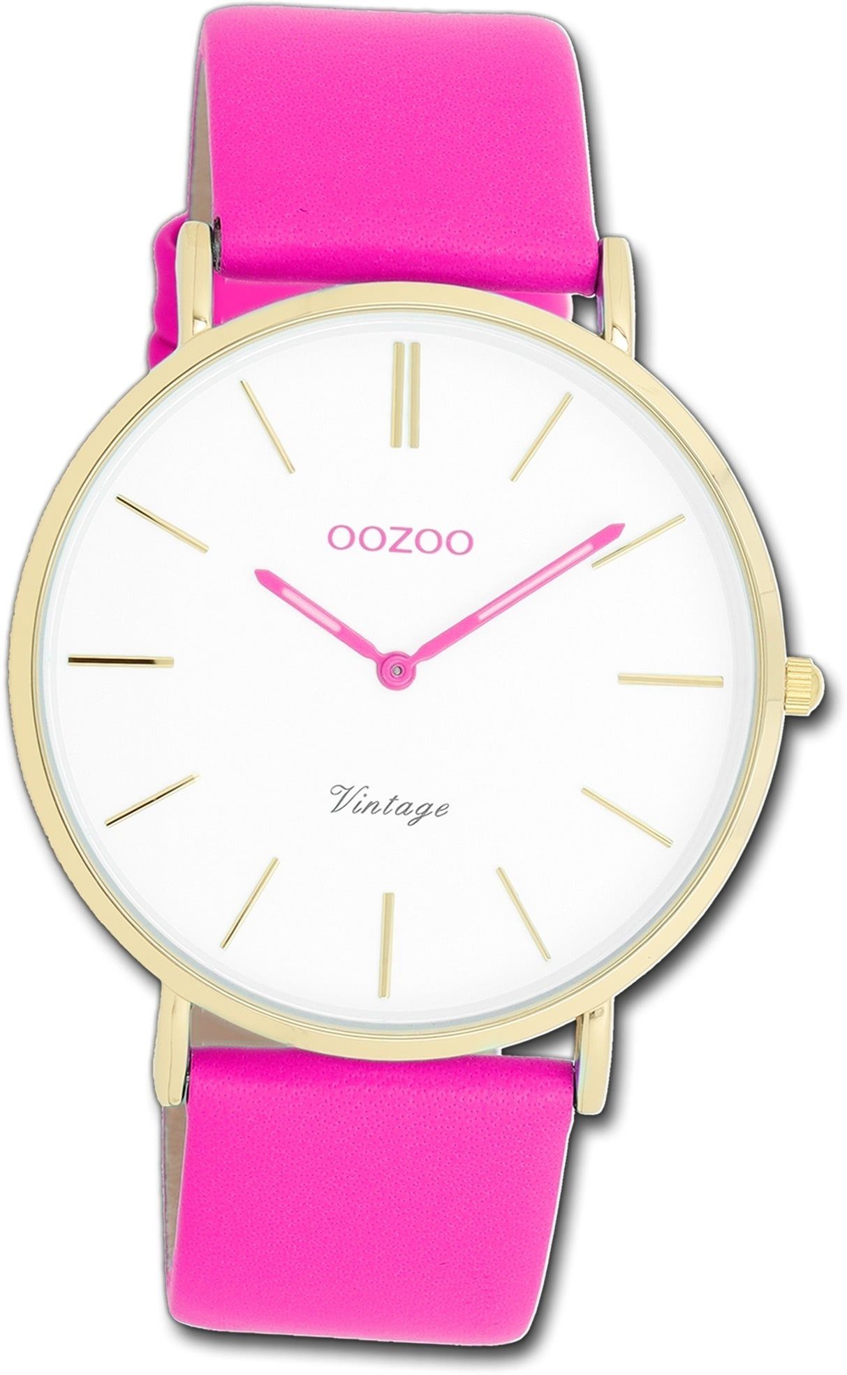 OOZOO Quarzuhr Oozoo Damen Armbanduhr Vintage pink, Damenuhr Lederarmband pink, rundes Gehäuse, groß (ca. 40mm)