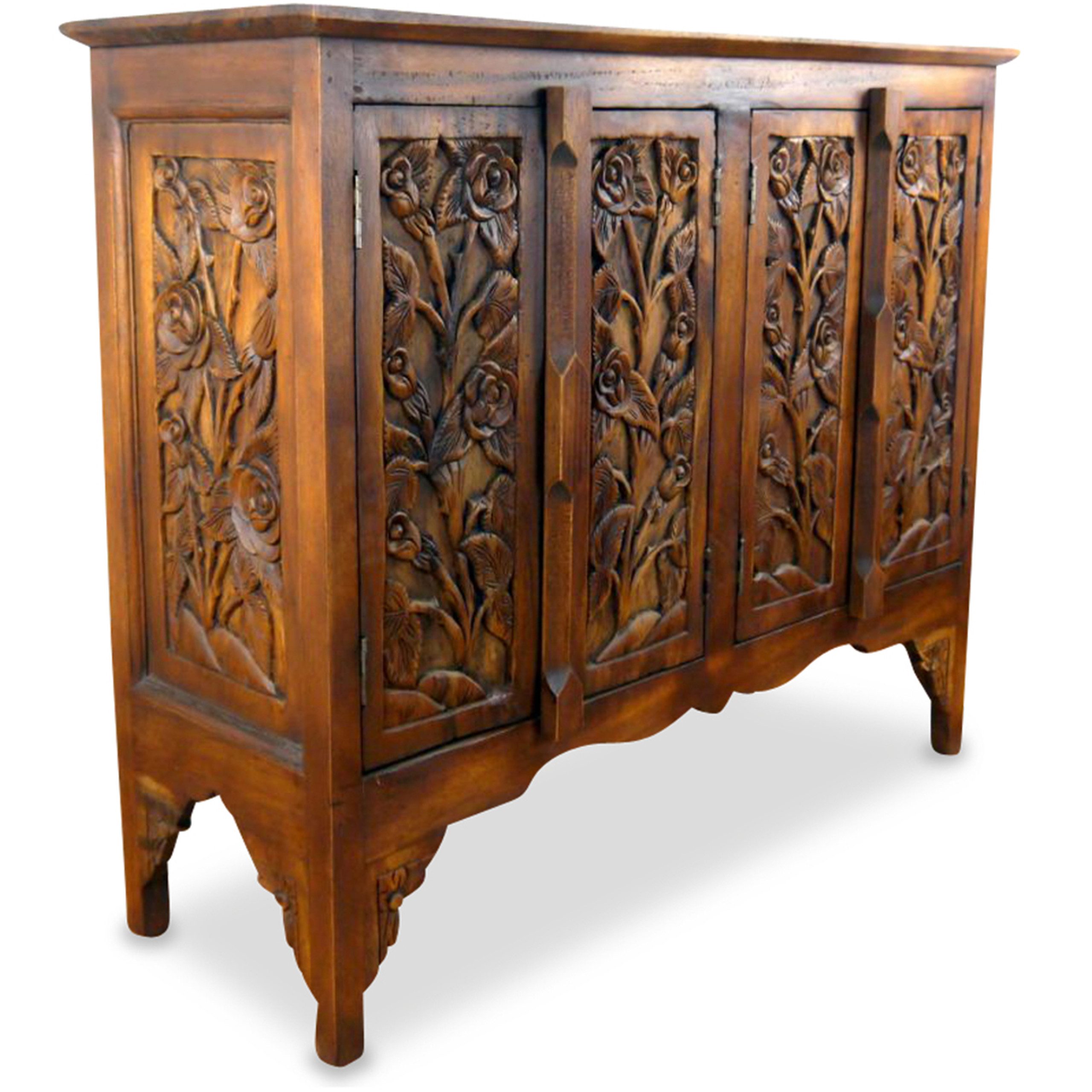 livasia Sideboard Sideboard Massivholz 100x40x80cm Akazie handgeschnitzte Rosen