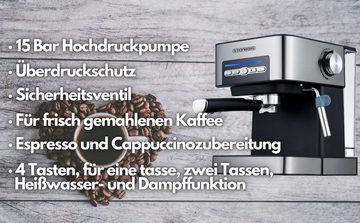 STEINBORG Espressomaschine SB-6040, Edelstahlfilter, Edelstahl Design, 15 bar, Milchaufschäumer
