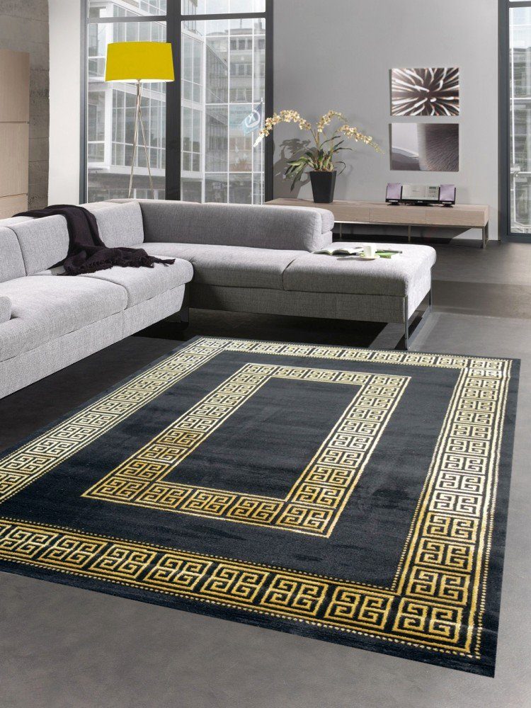 Teppich Teppich Wohnzimmer mit Bordüre Mäander Muster schwarz gold, Carpetia, rechteckig, Höhe: 12 mm
