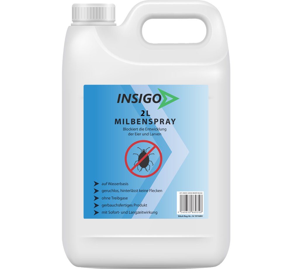 INSIGO Insektenspray Anti Langzeitwirkung nicht, geruchsarm, mit 4 Milben-Spray ätzt Ungezieferspray, auf brennt Milben-Mittel l, Wasserbasis, 