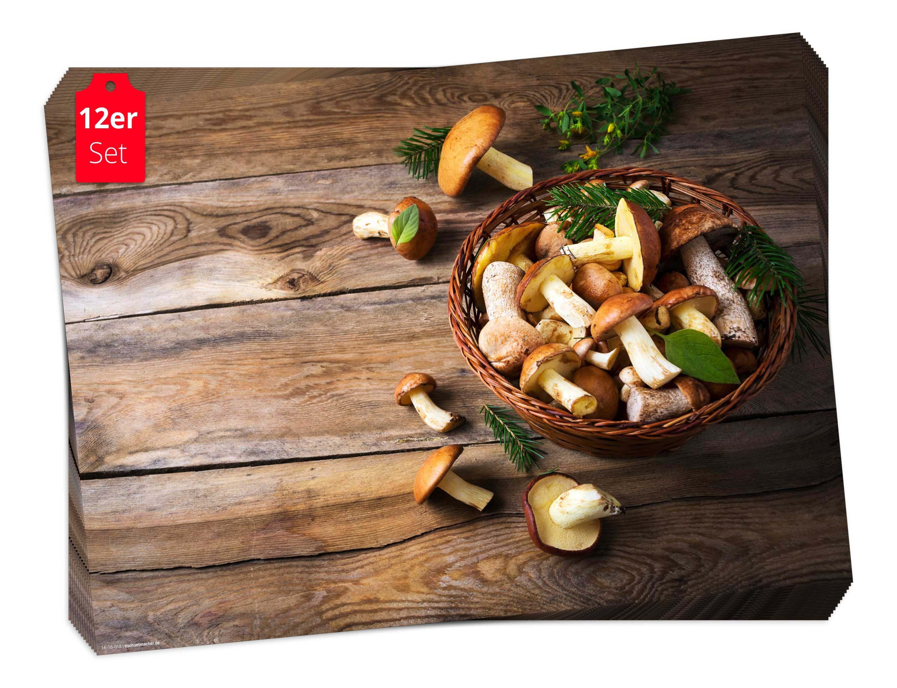 Tischsetmacher Platzset Tischsets I Platzsets - Herbst - Pilze im Korb, (aus Naturpapier in Aufbewahrungsmappe, 12-St., 44 x 32 cm / braun), Made in Germany