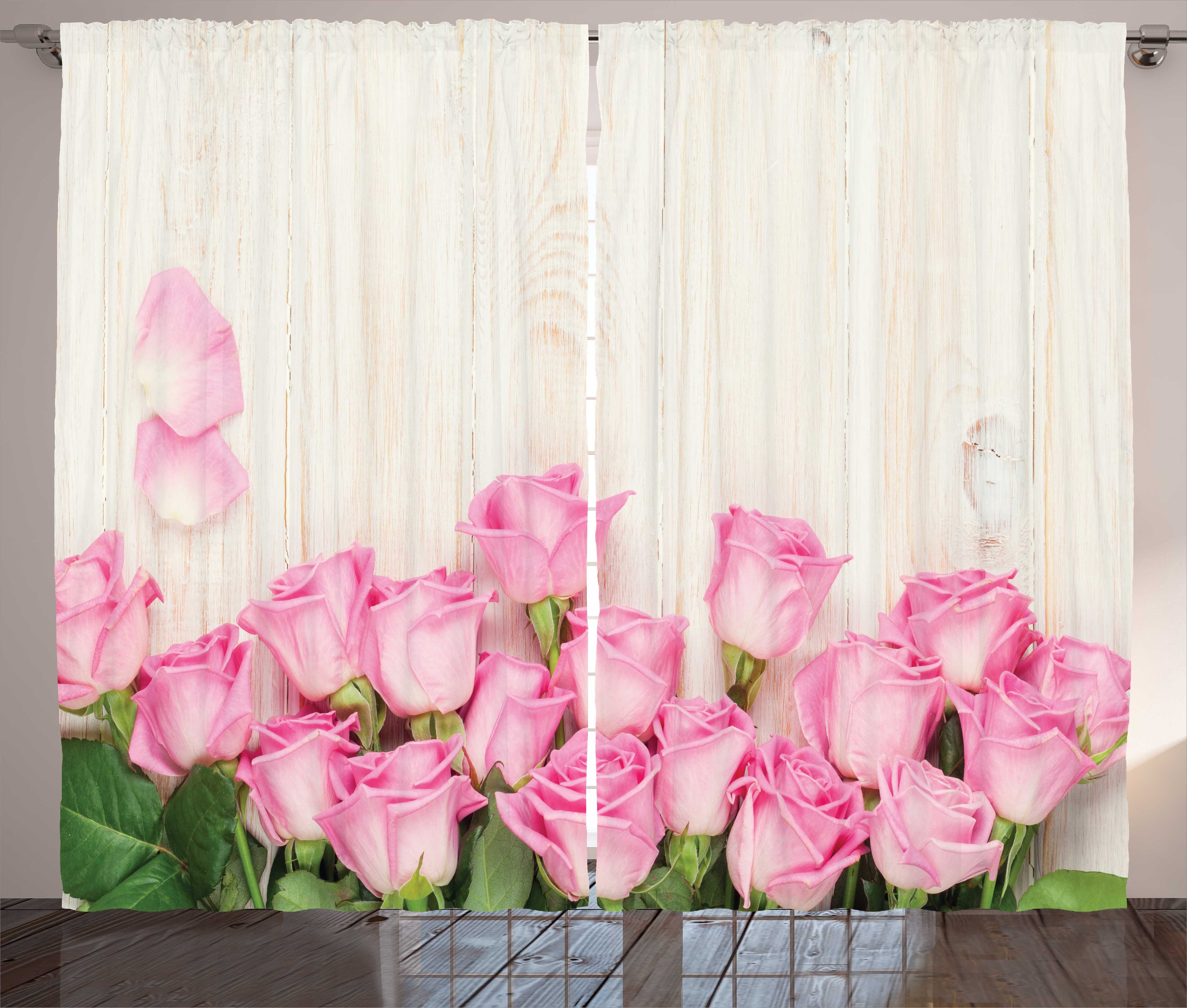 Gardine Schlafzimmer Kräuselband Vorhang mit Bouquet Holz Rose Blooming Haken, und Abakuhaus, rustikales Schlaufen