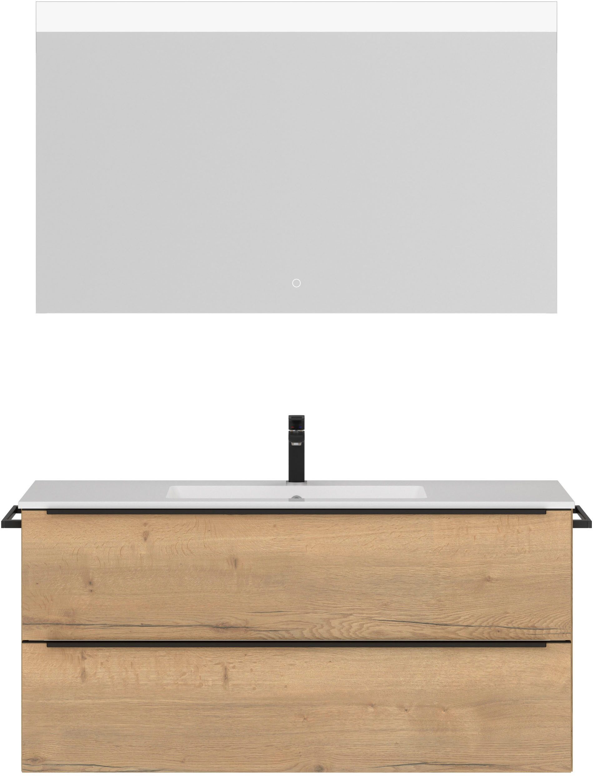 nobilia® Badmöbel-Set Levere, (2-St., vormontiert, mit Soft-Close), inkl. Spiegel mit Touch-Sensor, in vier Breiten