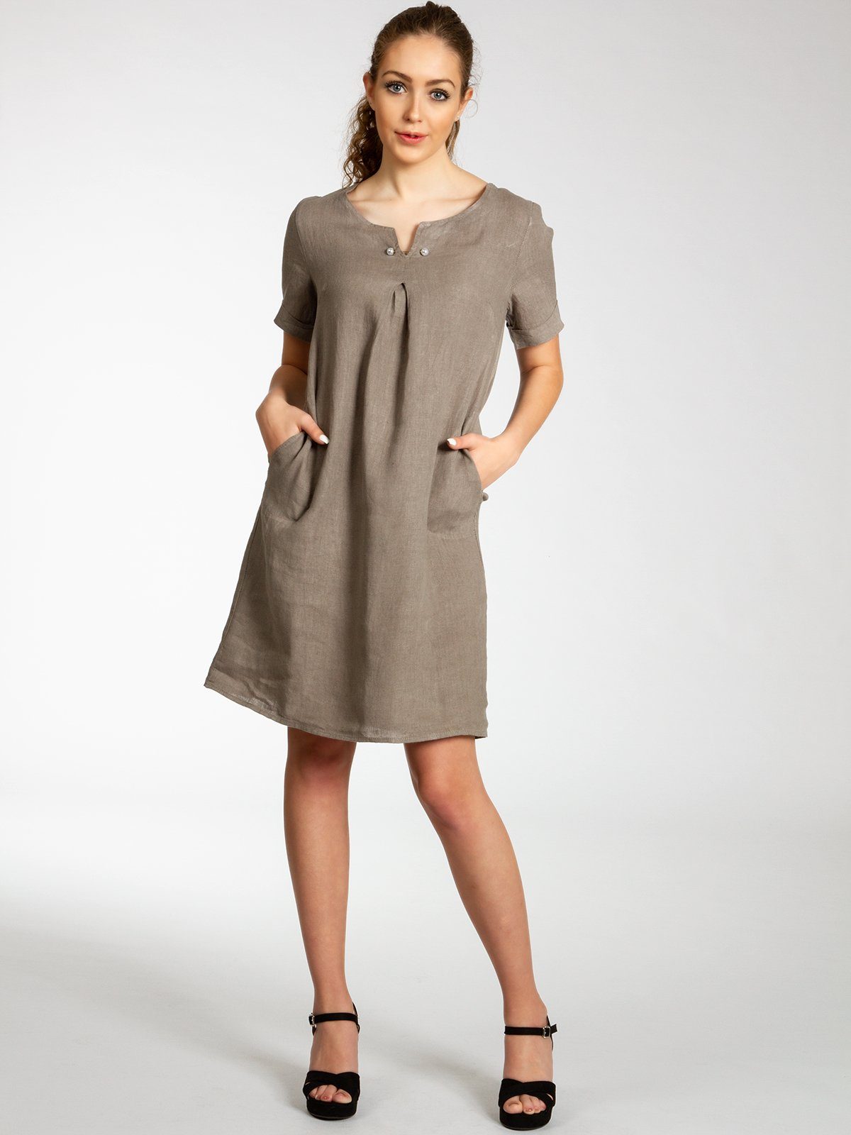 Caspar Sommerkleid SKL029 knielanges Damen Sommer Leinenkleid mit elegantem Perlen Dekor Luftig leicht, figurumspielende Form, mit seitlichem Jersey-Einsatz