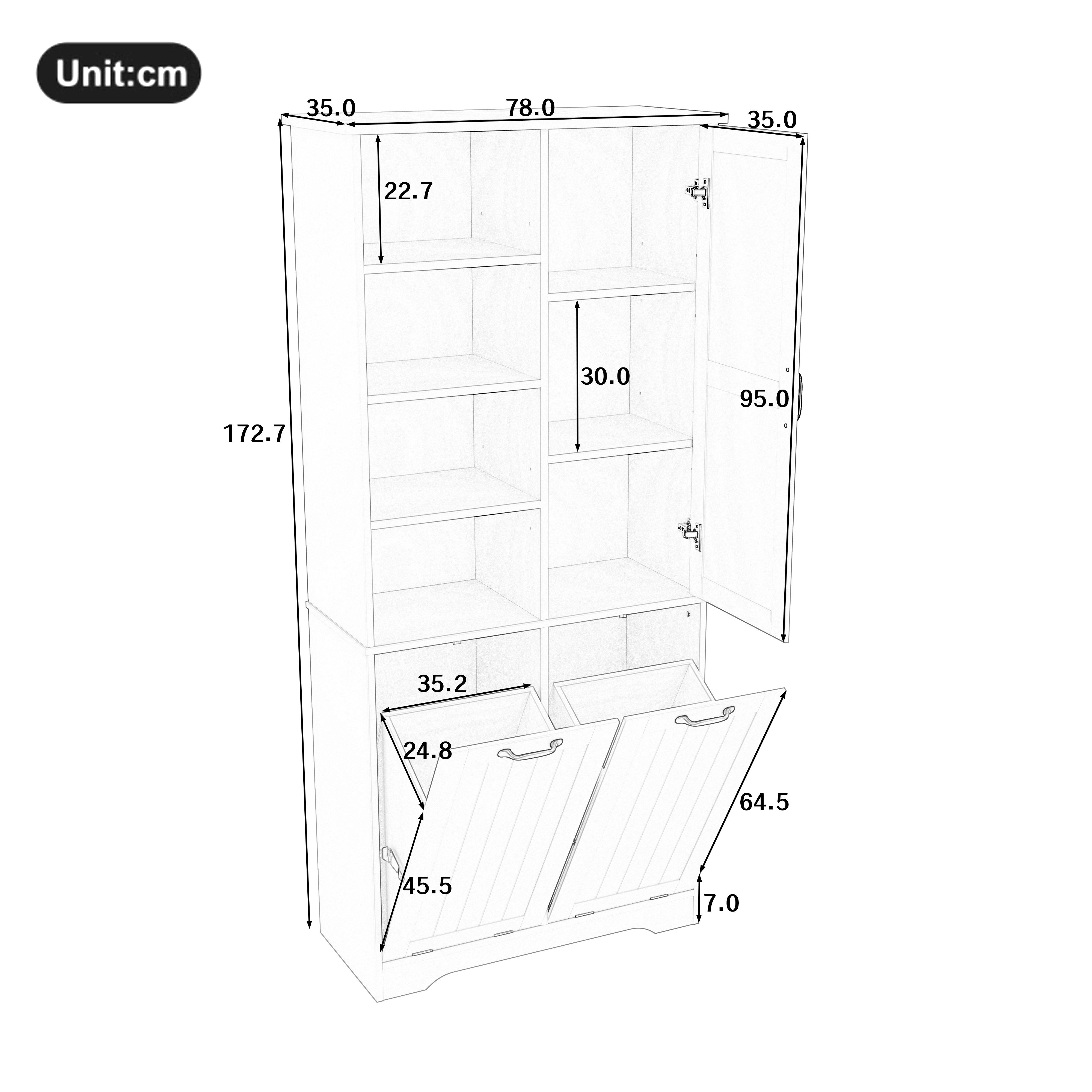 Flieks Badkommode Hochschrank mit doppelter Wäschekorb, 7 Fächern (B78/T35/H172,7 cm, 1 St., mit verstellbaren Einlegeböden und 2 Klappen), Badezimmerschrank fe – Bild 5 von 5