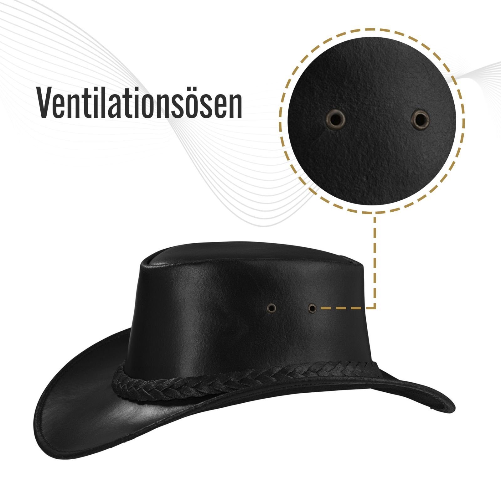 BLACK FOREST FOX Cowboyhut PERTH Unisex Western Cowboy Hut Reiten Leder Sonnenhut in 2 Farben Schwarz Größe L