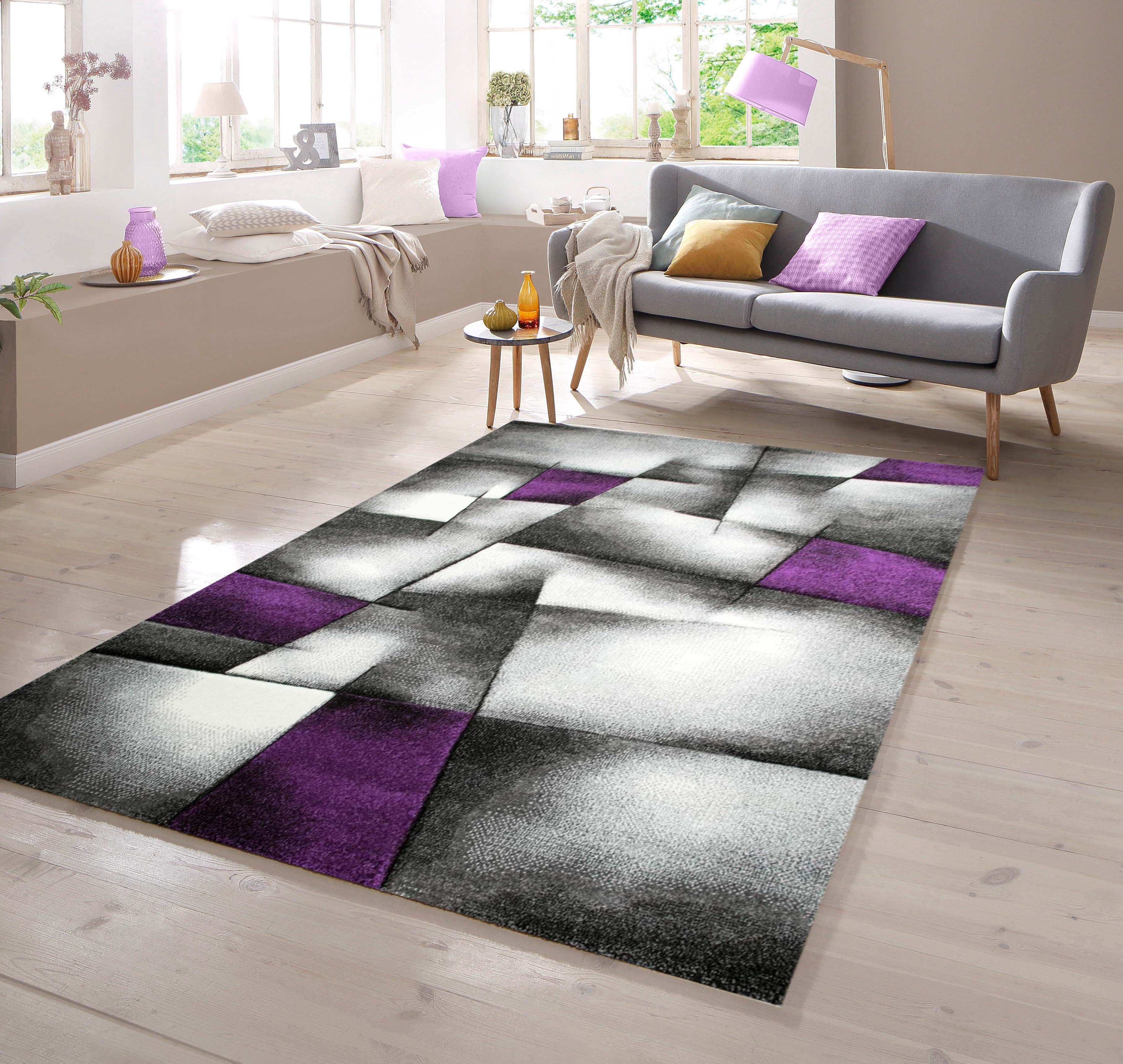 Teppich Designer Teppich mit Konturenschnitt Karo Muster Lila Grau Weiss  Schwarz, TeppichHome24, rechteckig