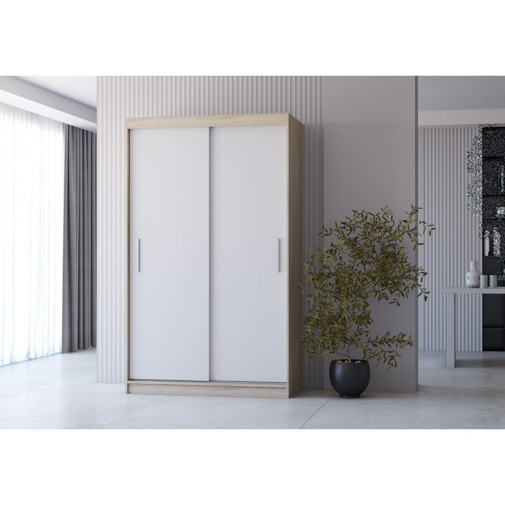 120x200x61 Garderobe Sonoma (Schrank und Zweitürenschrank, funktionaler + MOEBLO cm (BxHxT): Schiebe­türen­schrank NOAH Kleiderschrank), 04 Kleiderschrank Weiß Moderner