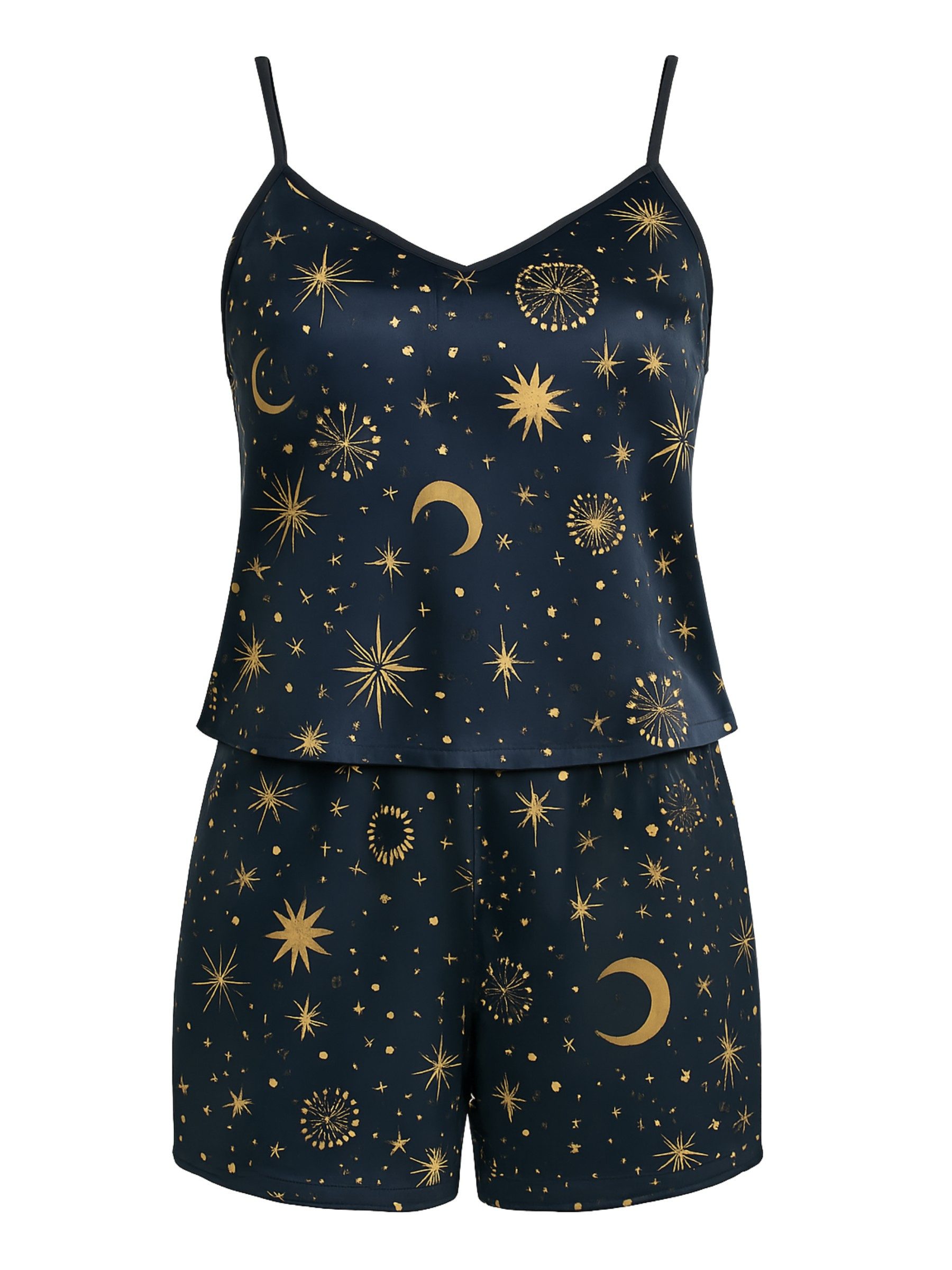 Elegant Love Shorty Satin Pyjama-Set für Damen – Schlafanzug mit Sternenmuster (Set, 2 tlg., Spaghettiträger-Top + Shorts) Hausanzug mit Muster – Edle Loungewear für eine feminine Silhouette