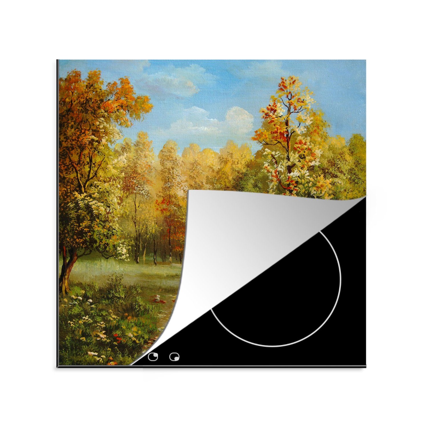 MuchoWow Herdblende-/Abdeckplatte Eine Illustration von herbstlichen Bäumen in einem Wald, Vinyl, (1 tlg), 78x78 cm, Ceranfeldabdeckung, Arbeitsplatte für küche