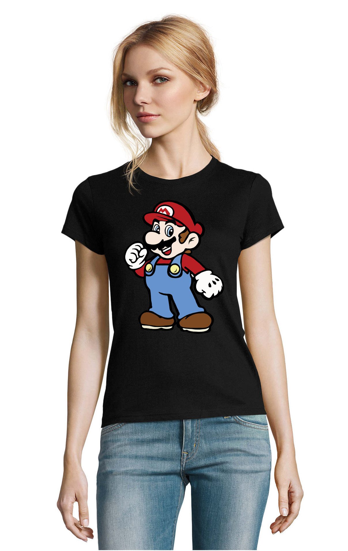Blondie & Brownie T-Shirt Mario Damen T Shirt Gaming Print Rundhals Baumwollshirt (Einzelstück, Einzelartikel) Mario2 D Tee Gaming Print Damenshirt